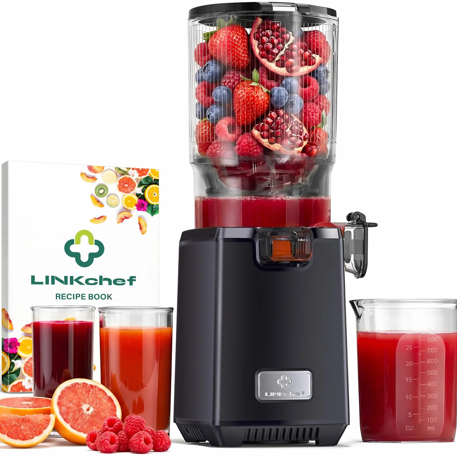 LINKChef Sokowirówka Wolnoobrotowa – Wyciskarka Zimnego Prasowania, 130mm Szeroka Gniazdo Żywnościowe na Całe Owoce, 1.8L Duża Pojemność na Użycie Rodzinne, 250W, Łatwa do Czyszczenia, Bez BPA