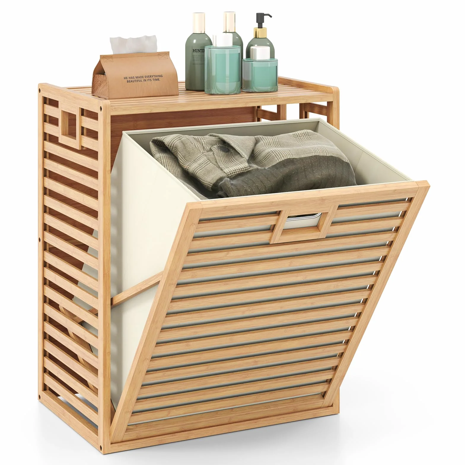 COSTWAY Regał łazienkowy z koszem na pranie 68 l bambusowy 50x35x64 naturalny