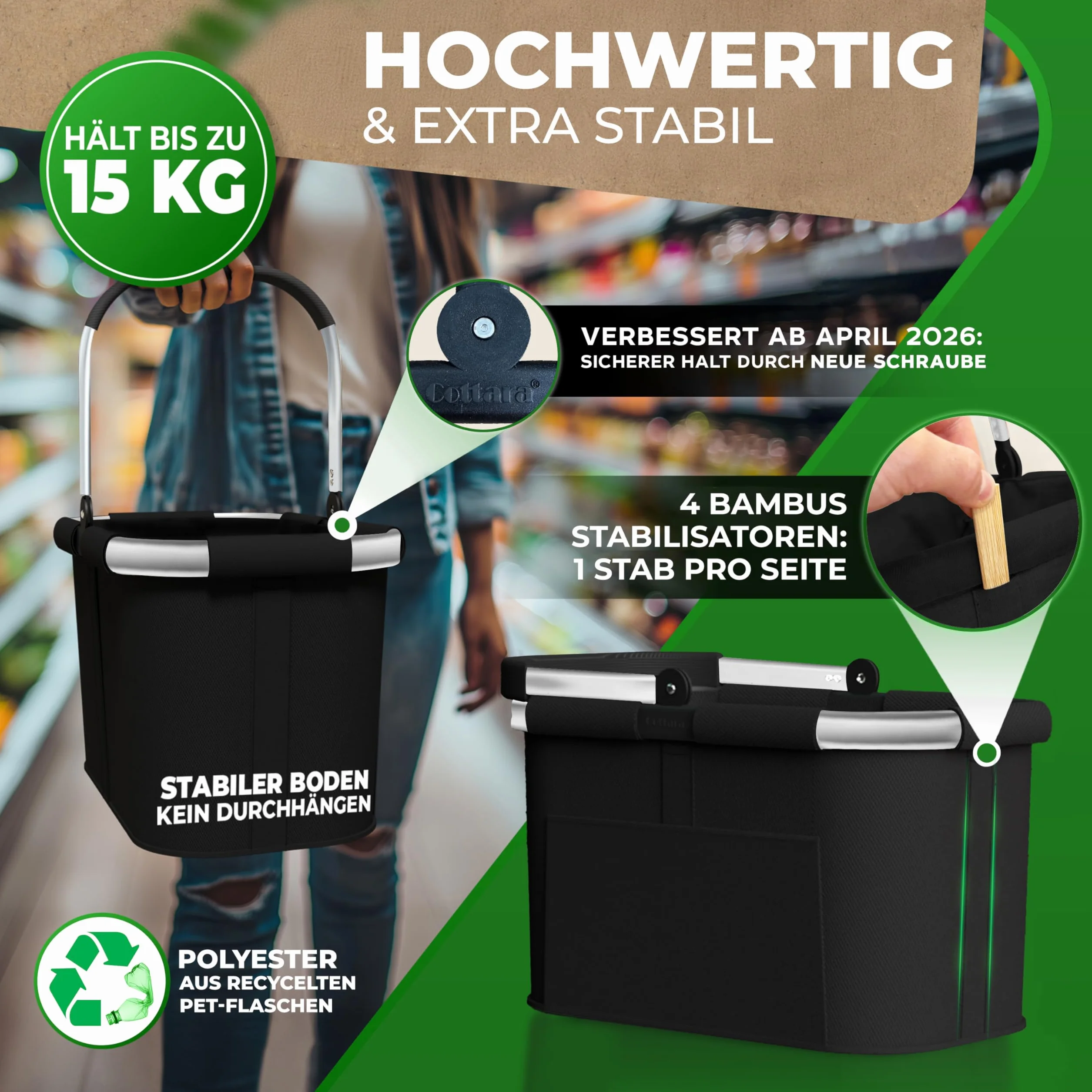 Cottara Stabilny duży kosz na zakupy o pojemności 30 l, z uchwytem i wzmocnioną podstawą, przednia przegródka i wewnętrzna kieszeń z zamkiem błyskawicznym, idealny jako torba na zakupy, kosz piknikowy