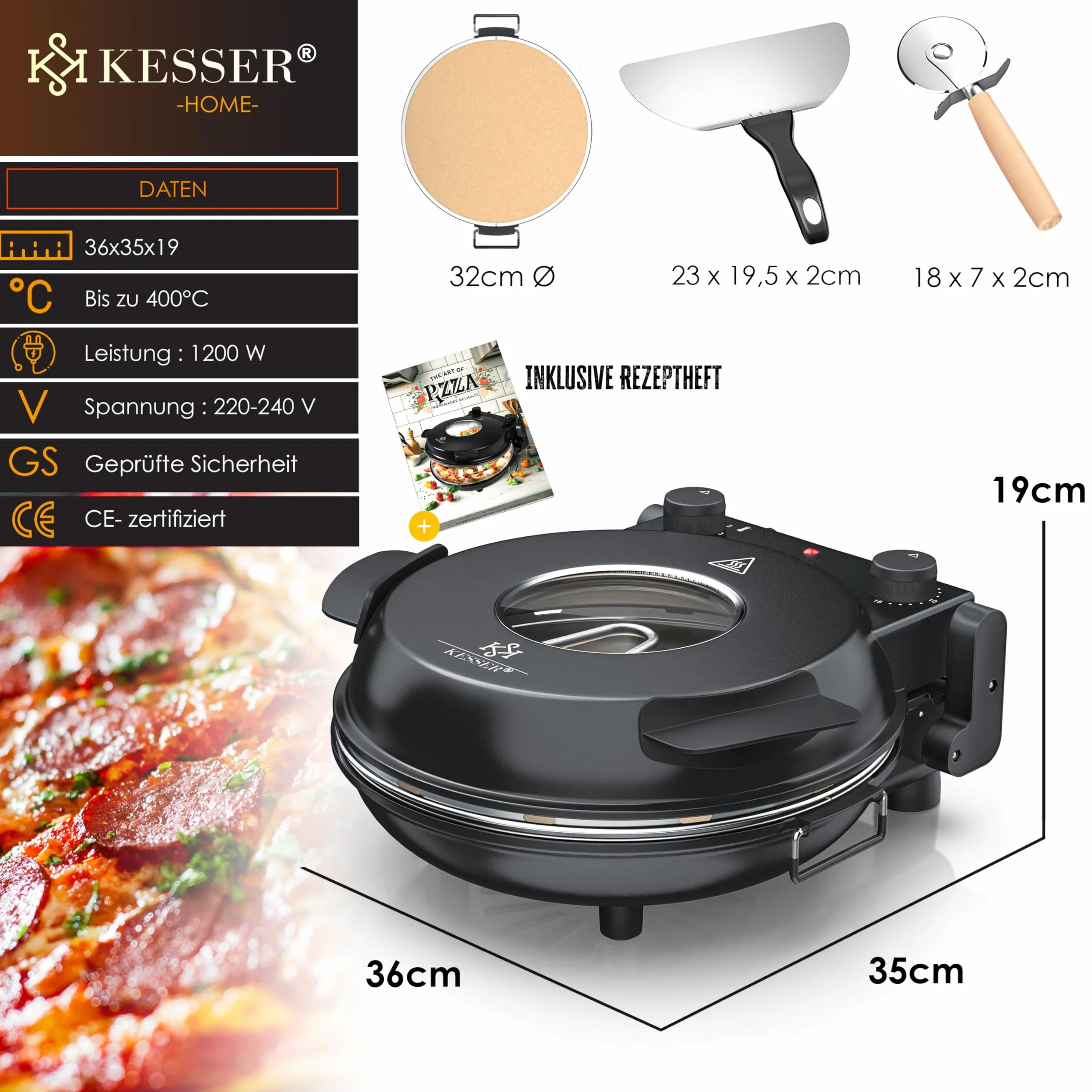 KESSER Elektryczny piec do pizzy 1200W 32cm 5 poziomów grzania z płytą kamienną