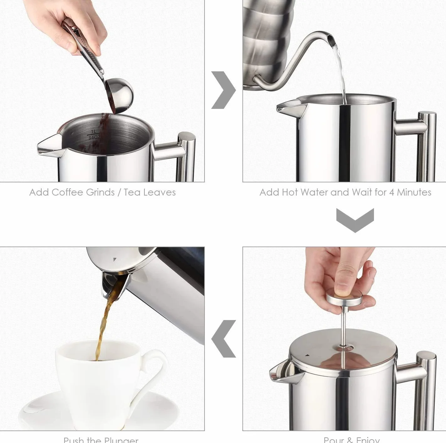 Zaparzacz do kawy French Press 1,5 litra zaparzacz do kawy ze stali nierdzewnej, podwójne ścianki, izolowany, French Press Caffettiera, dzbanek do kawy z 2 dodatkowymi sitkami, srebrny 1500