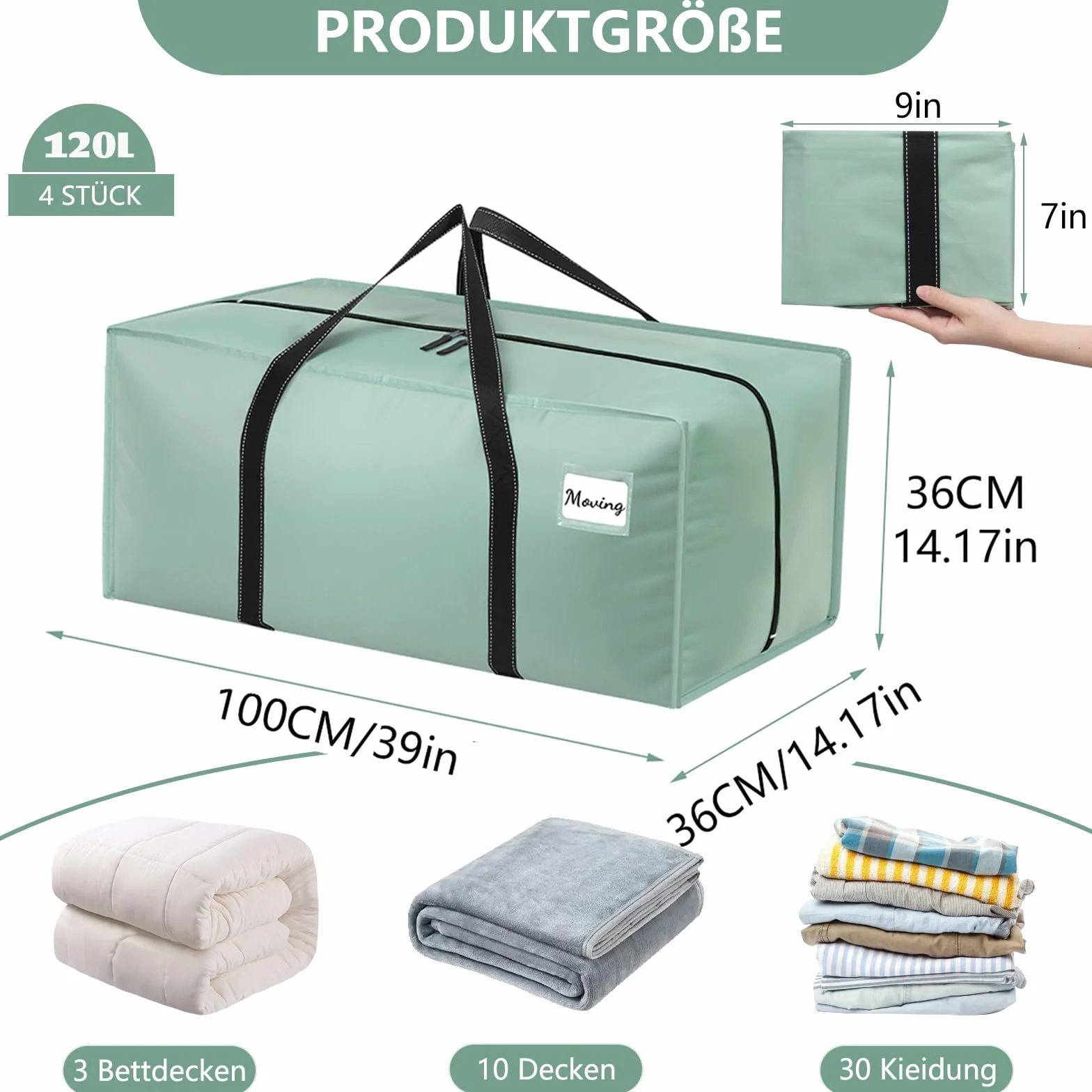 Dntorx 4 sztuki toreb do przechowywania, 120 l, wodoszczelne pudełka do przeprowadzki, duże z zamkiem błyskawicznym, uchwyt, składane pudełko do przechowywania, na kemping
