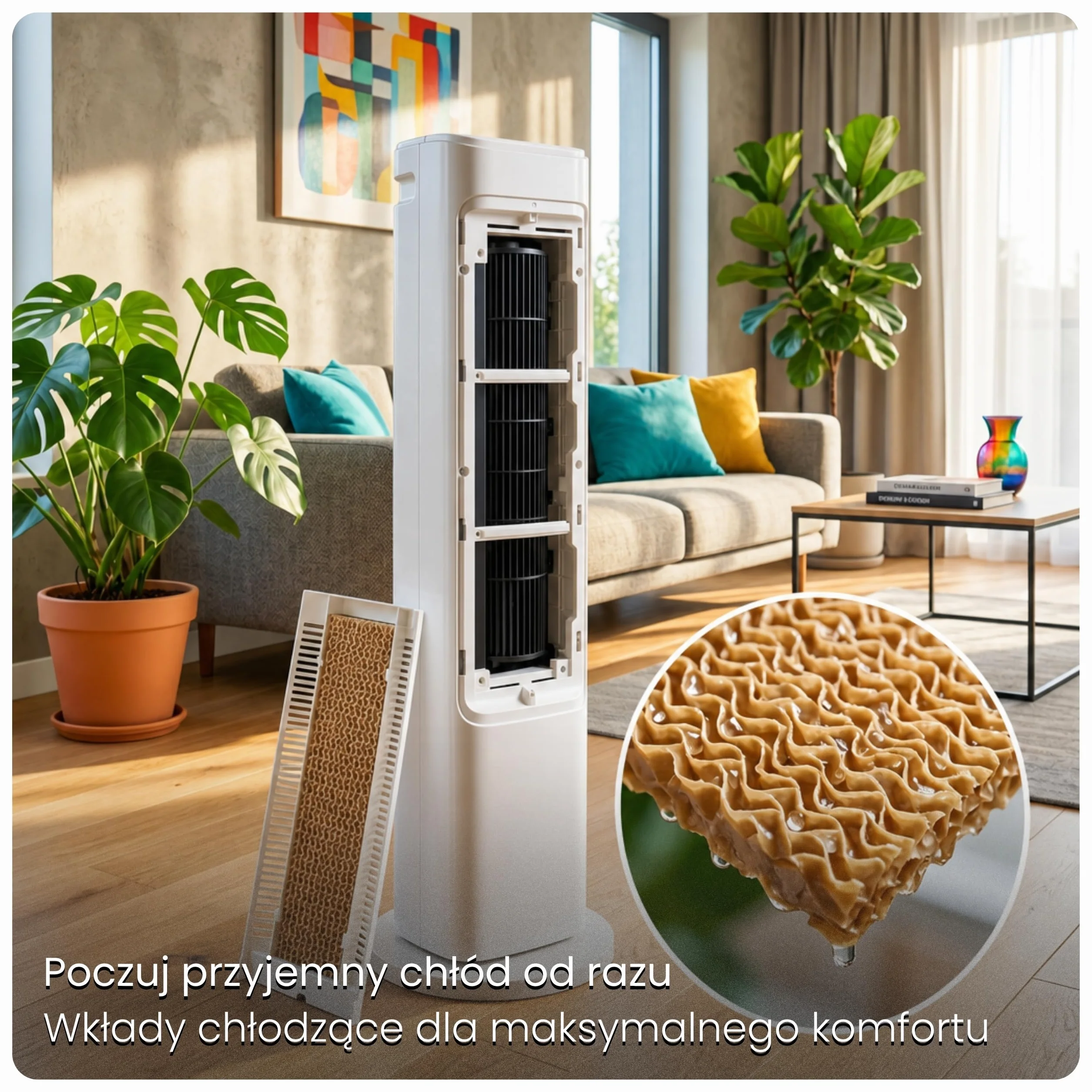 CoolAir Klimator Ewaporacyjny 5L z Chłodzeniem Wodnym - Inteligentny Wentylator Kolumnowy WiFi, Oscylacja 90°, Pilot, 65W - Przenośny Klimatyzator Pokojowy