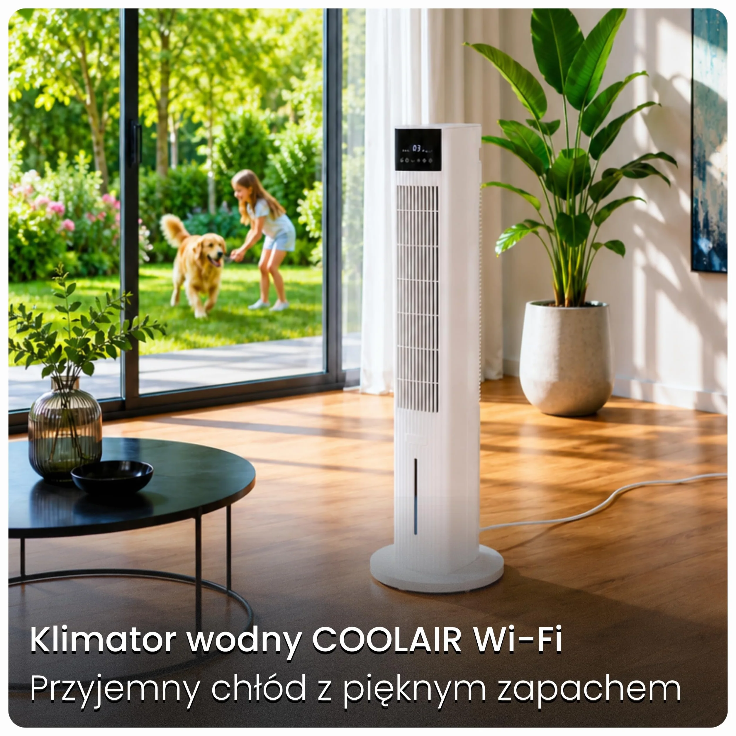 CoolAir Klimator Ewaporacyjny 5L z Chłodzeniem Wodnym - Inteligentny Wentylator Kolumnowy WiFi, Oscylacja 90°, Pilot, 65W - Przenośny Klimatyzator Pokojowy