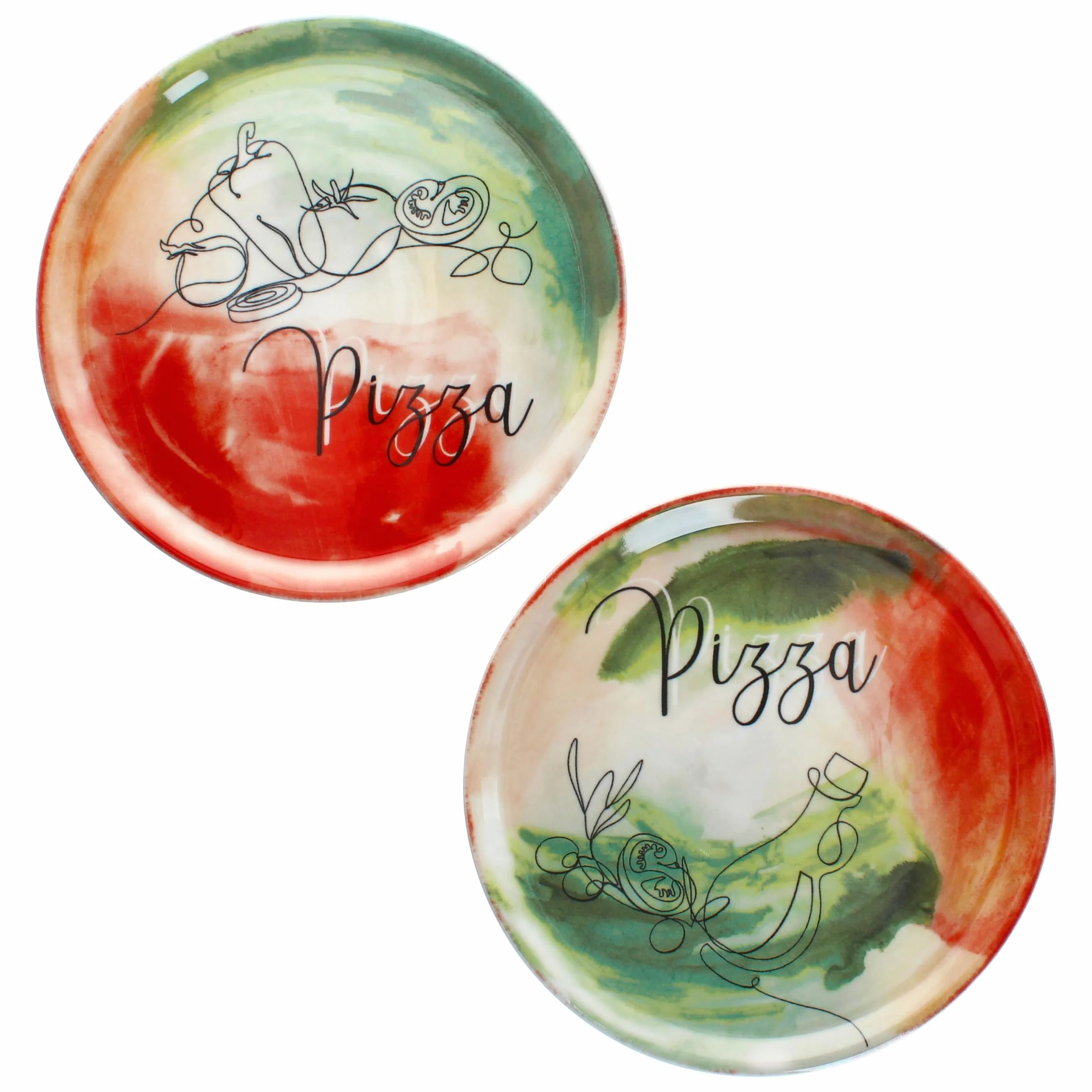 MamboCat Zestaw 2 talerzy do pizzy z warzywami i olejem, Ø 31 cm, dla 2 osób, duże talerze do pizzy z porcelany z dekoracją i napisem, do pizzy lub do przyrządzania I talerz obiadowy XL, półmisek do