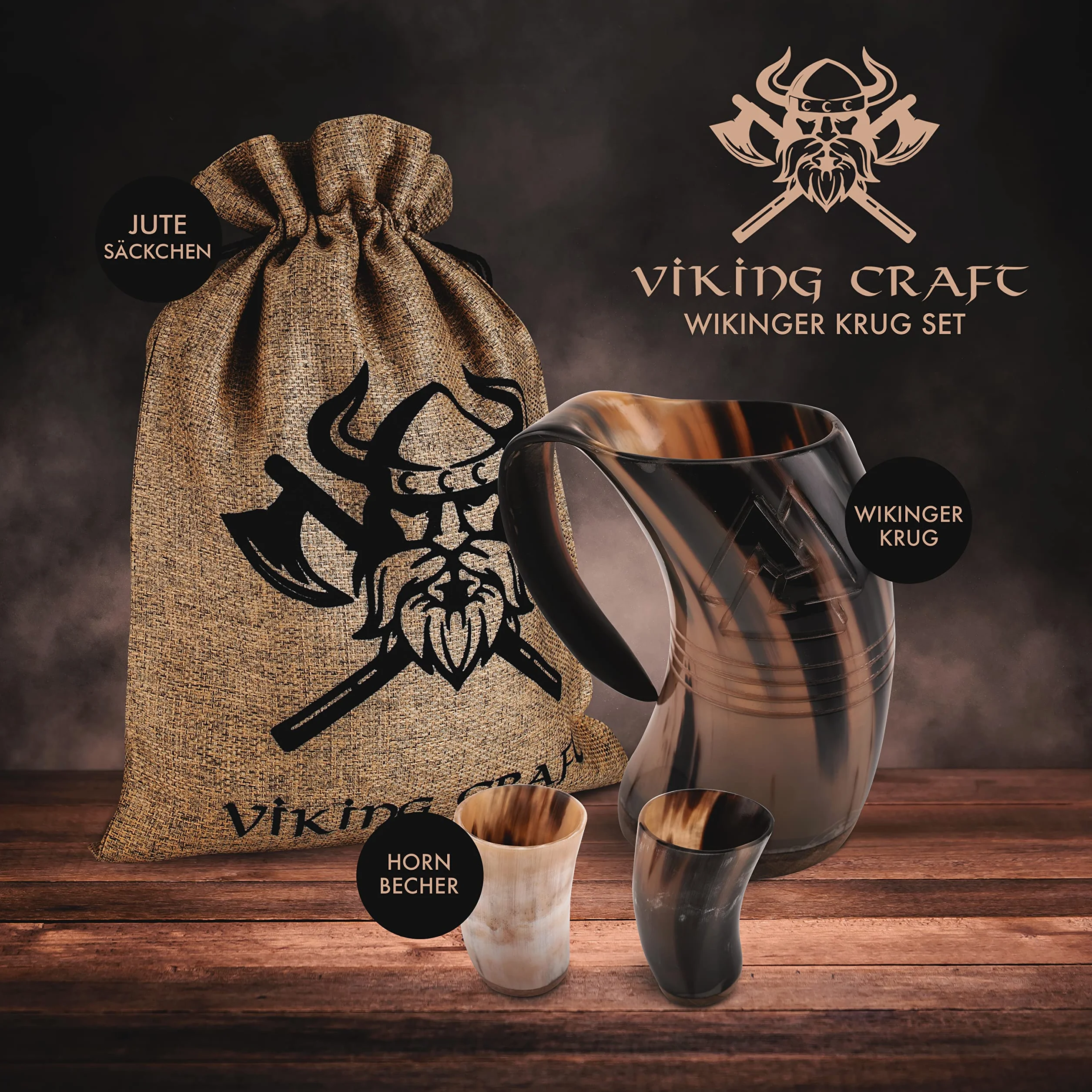VIKING CRAFT Dzbanek wikingów z rogiem, 600 ml, Odyn i 2 szklanki, średniowieczna dekoracja, LARP, miski