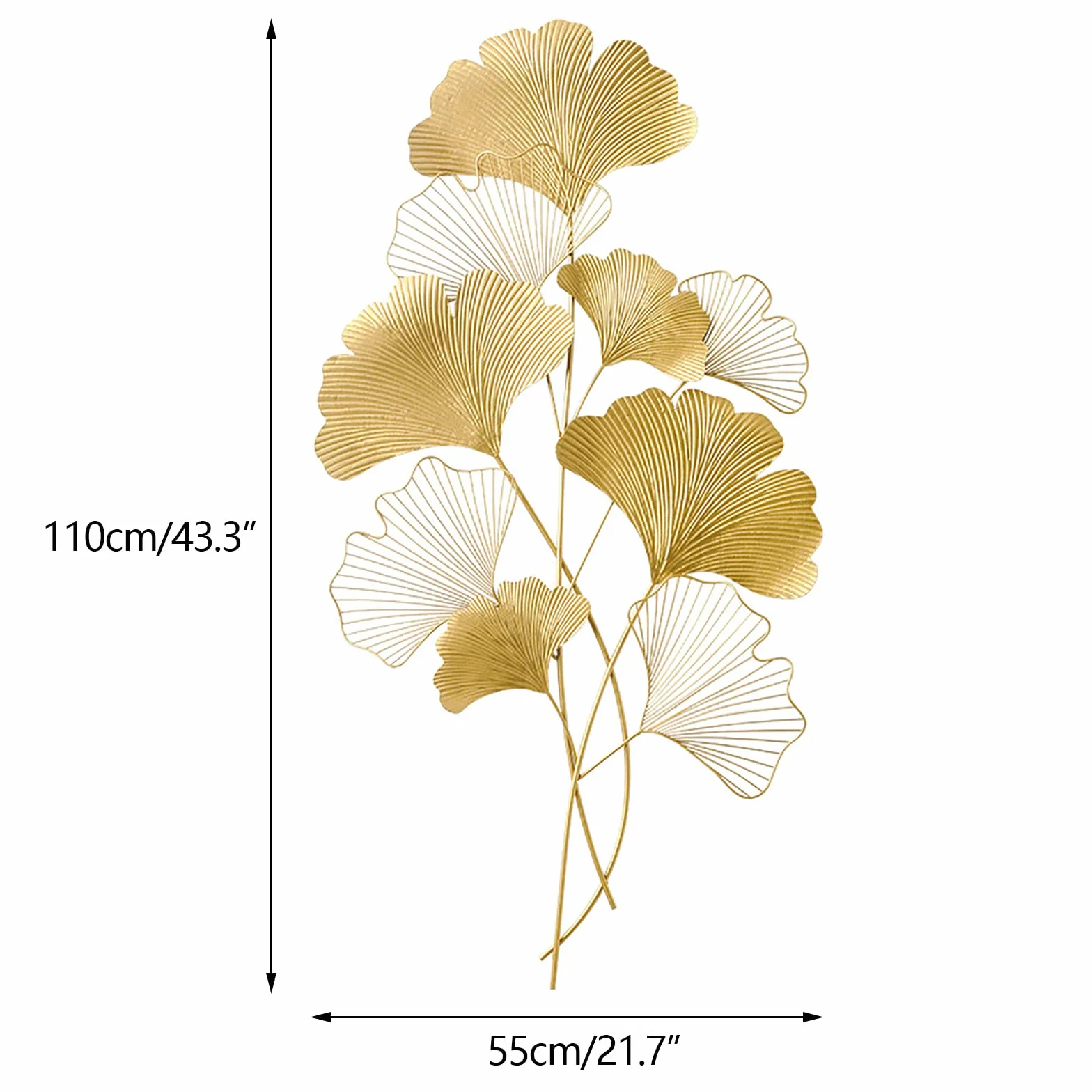 SanBouSi Ginkgo 3D, metalowa dekoracja ścienna, liście, dekoracja ścienna, tło ścienne, dekoracja ścienna do salonu, złota, 110 x 55 cm