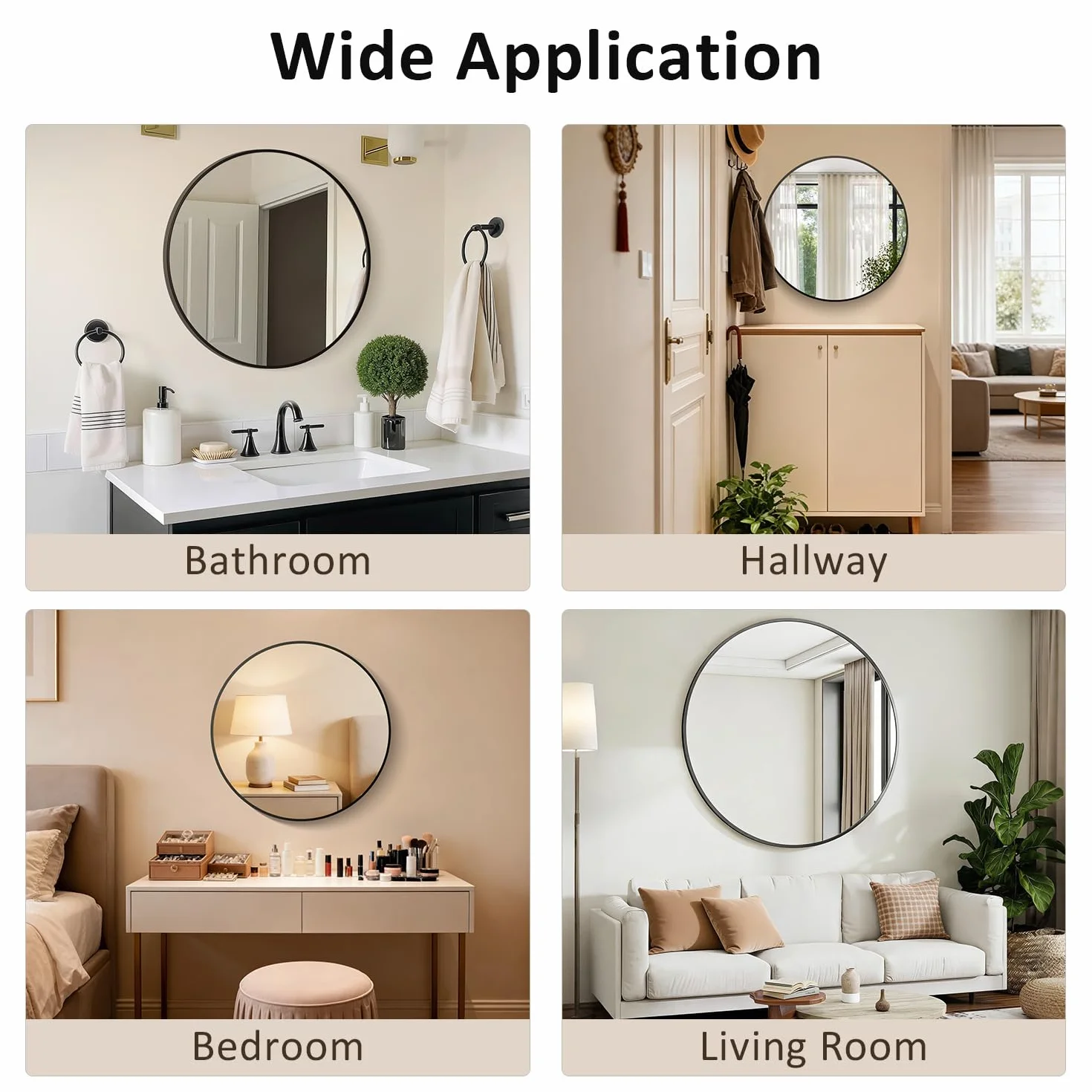 Lustro okrągłe, czarne, 60 cm, HD, lustro ścienne, nowoczesne lustro łazienkowe z aluminiową ramą, wiszące lub klejone, dekoracyjne okrągłe lustro do łazienki, korytarza, salonu, sypialni