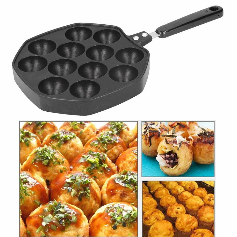 12 wgłębień nieprzywierająca blacha do pieczenia patelnia Takoyaki, domowa elektryczna aluminiowa patelnia Takoyaki, ośmiornica, kulki do jajek, ptysie do pieczenia, domowe narzędzia kuchenne