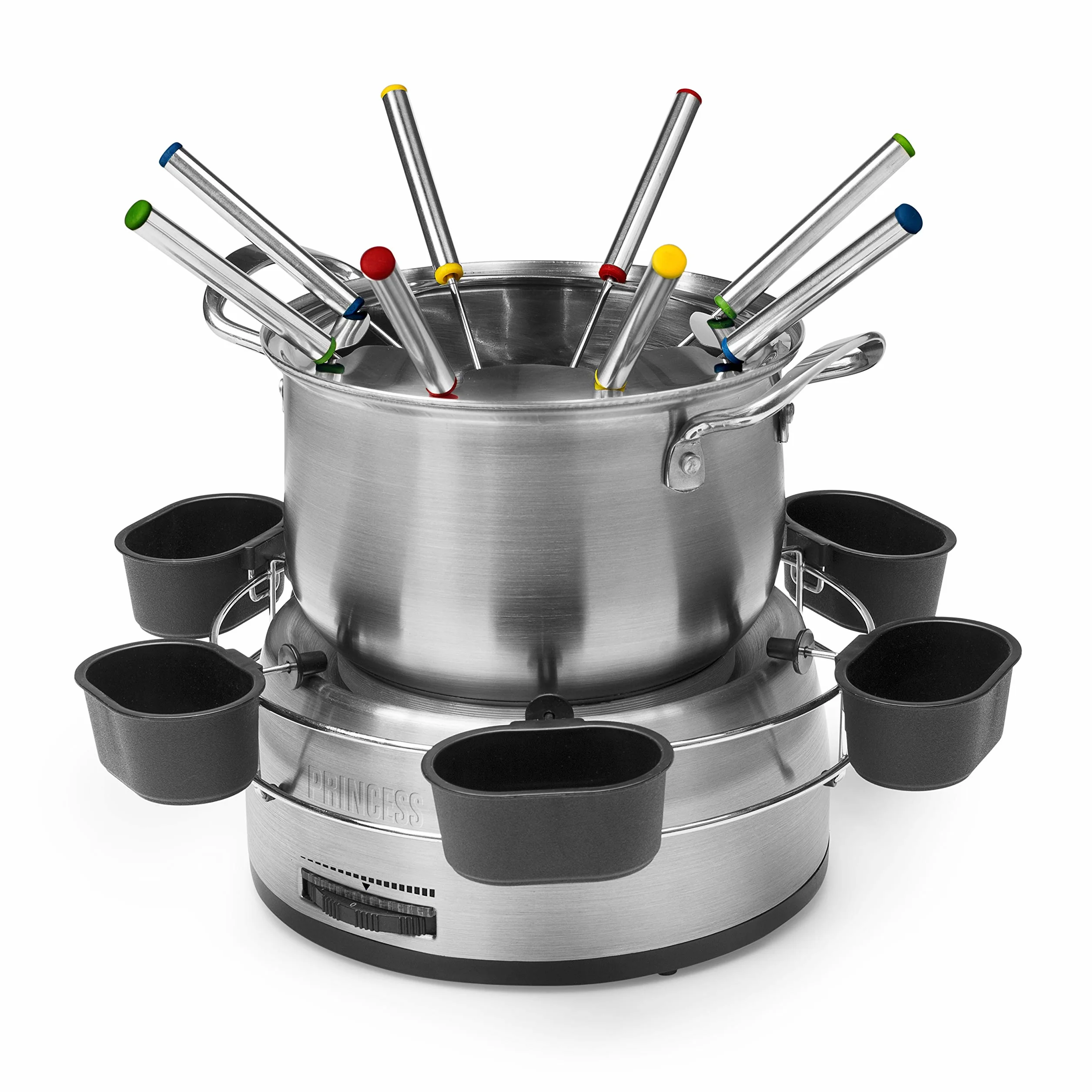 Princess Family Zestaw Do Fondue 800 W 1,2 L Stal Nierdzewna Termostat Podwójne Dno 8 Widelczyków 6 Miseczek Srebrny
