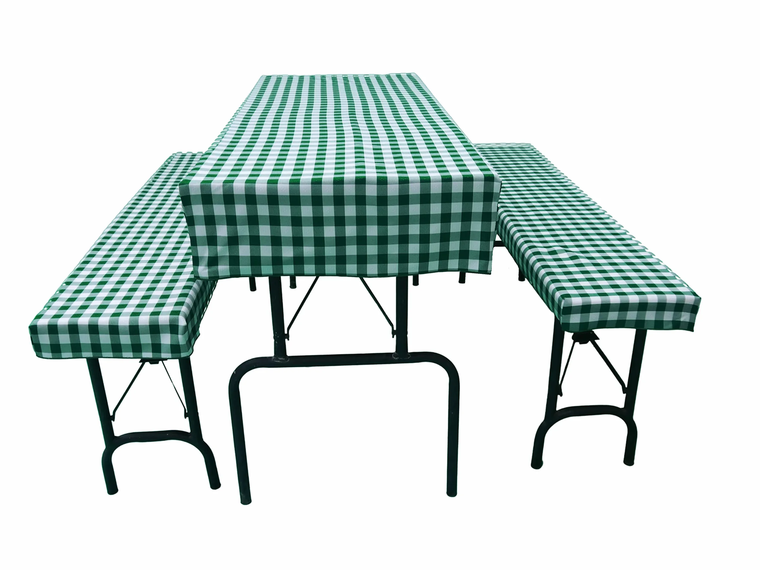 Zestaw mebli do namiotu piwnego (zestaw 3 szt.) składający się z 1 obrusu i 2 pokrowców na ławkę piwną. Rozmiar i kolory do wyboru (110 x 60 cm, zielona kratka)