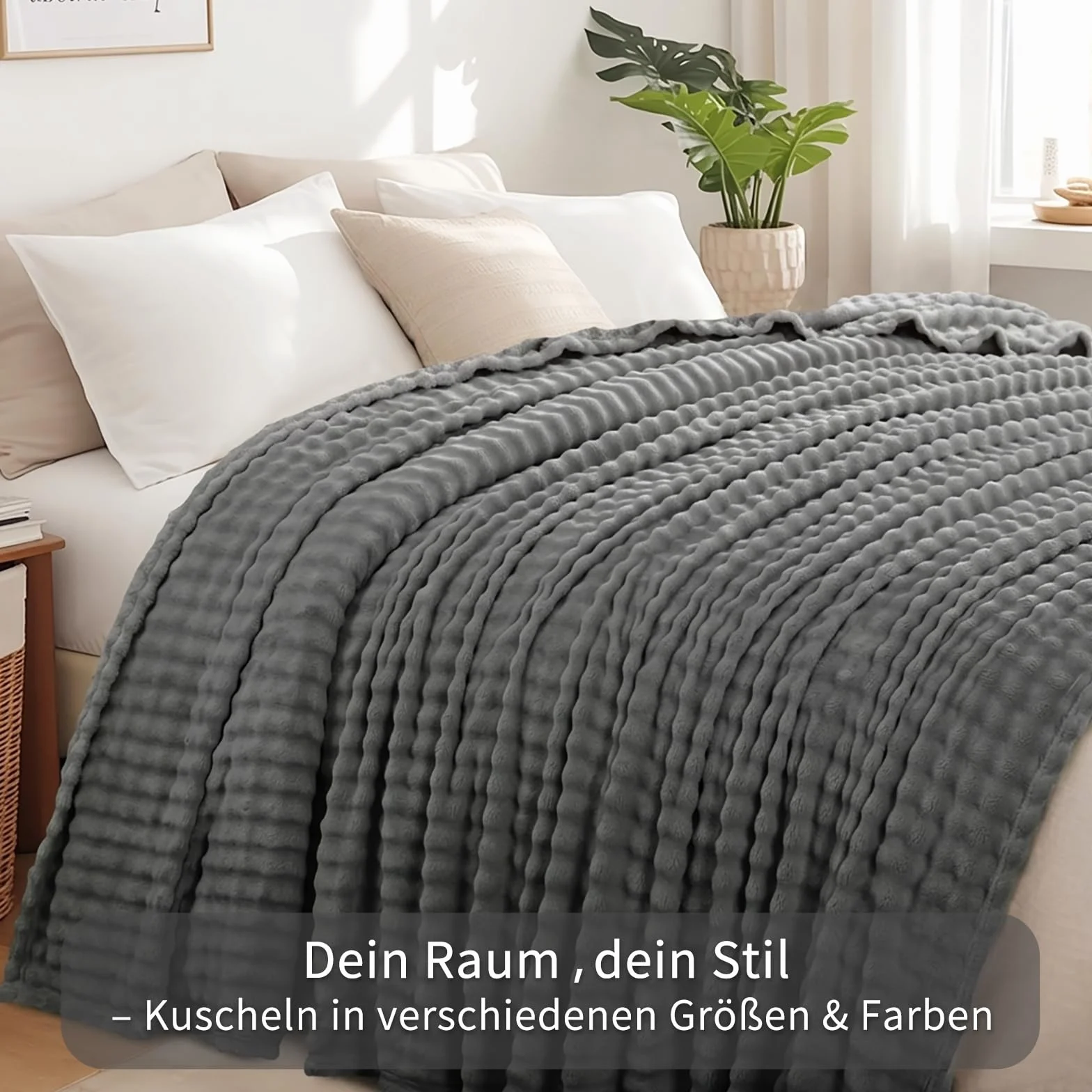 RUIKASI Przytulny koc, szary, bąbelkowy koc – 220 x 240 cm XXL, koc na sofę i kanapę, z pluszu, ciepły polar do salonu, dekoracyjny koc, gruby koc do mieszkania