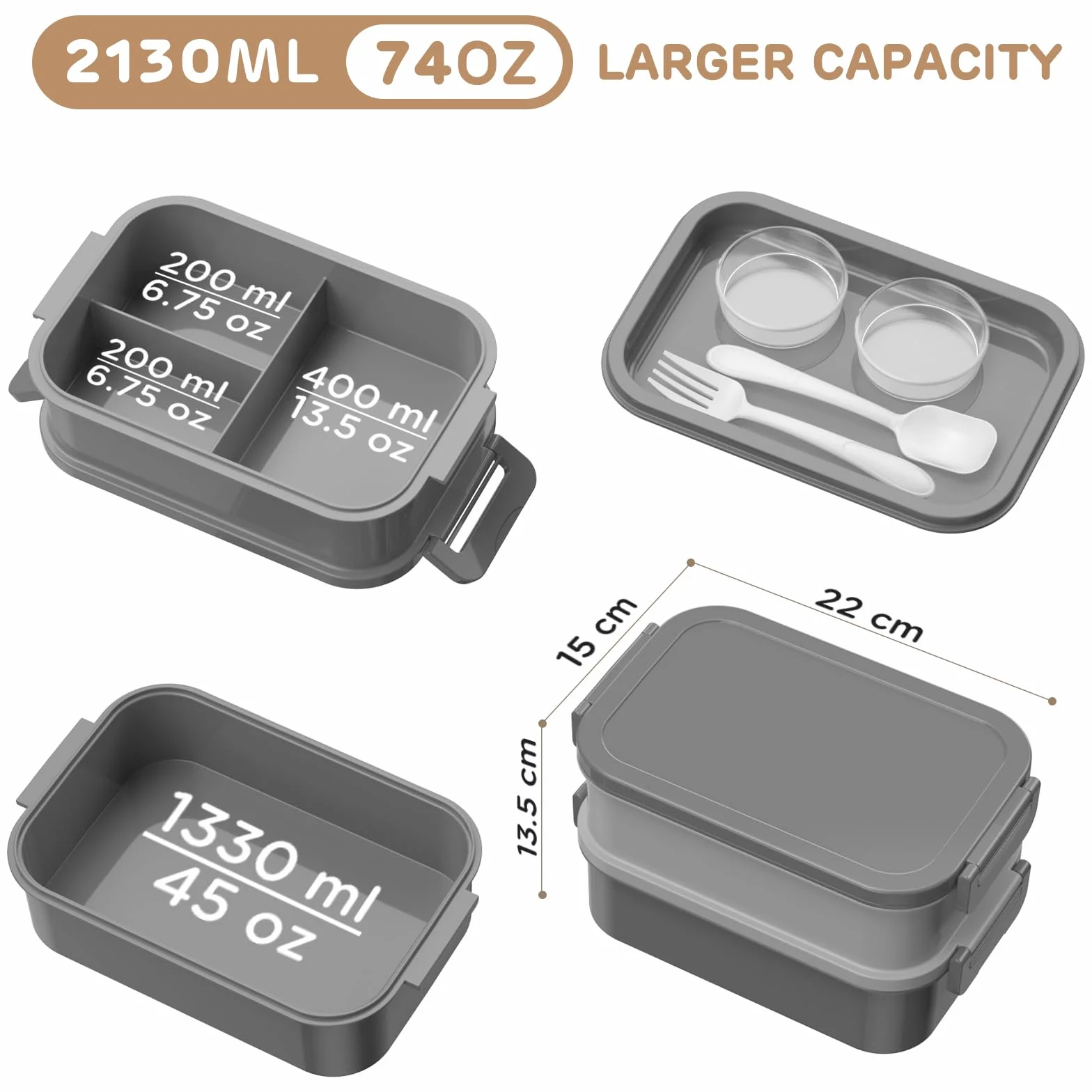 WayEee Pudełko na lunch dla dorosłych, 2130 ml, duża pojemność, pudełko na lunch Bento z przegródkami, 3 warstwy, szczelne pudełko Bento do biura, szkoły, szare