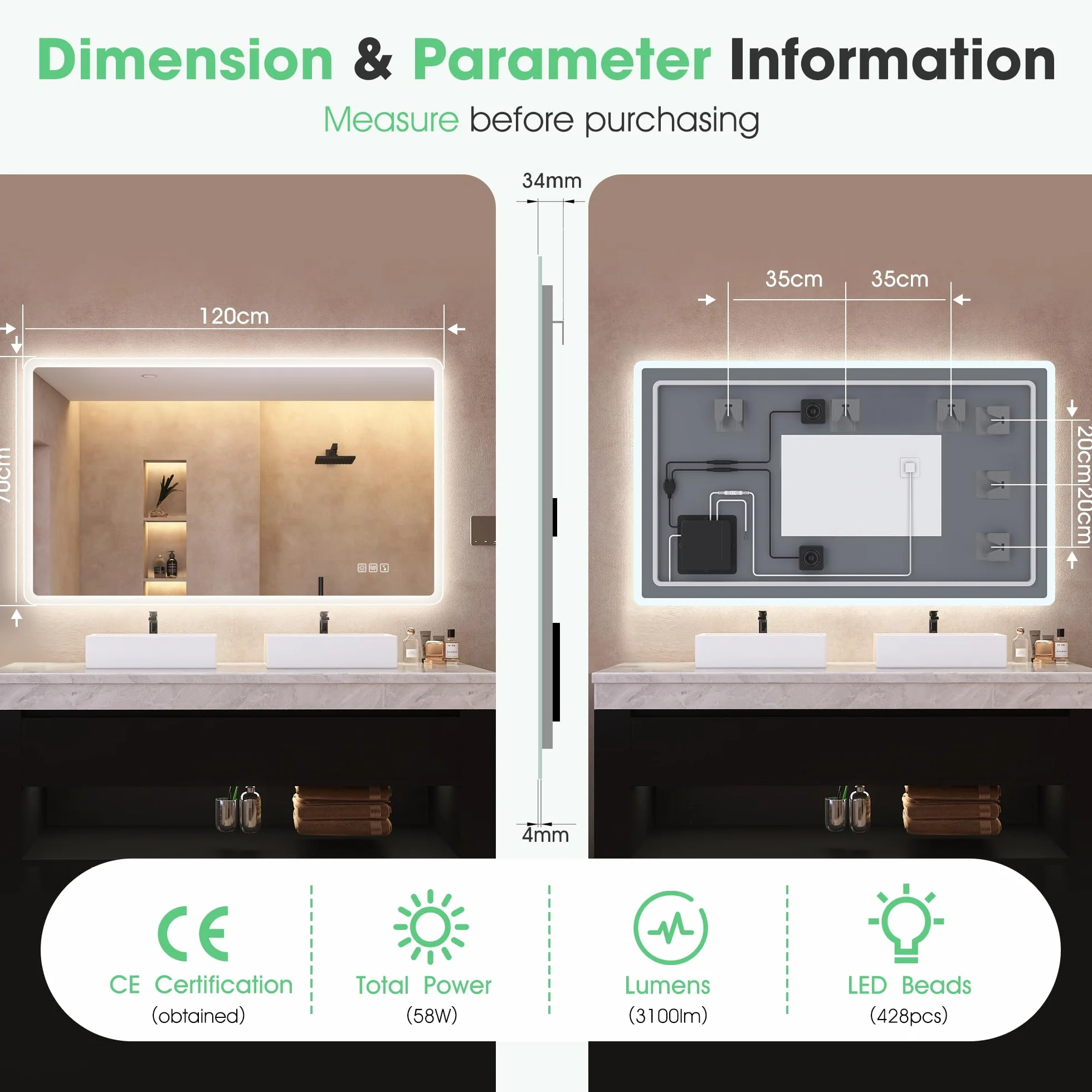 S'bagno Lustro łazienkowe z oświetleniem LED, 120 x 70 cm, z oświetleniem, Bluetooth, detekcja, 3 kolory, możliwość ściemniania, funkcja pamięci, szkło hartowane, wodoszczelność IP44, poziome/pionowe