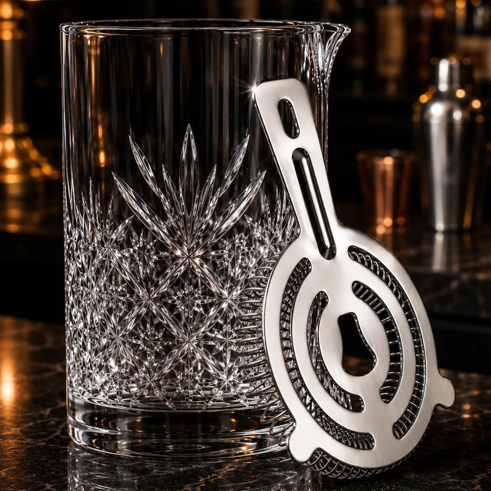 FLOW Barware Szklanka do mieszania koktajli i sitko | Zestaw szklanki do mieszania 700ml i sitka Hawthorne do przygotowywania Negroni, Old Fashioned i klasycznych koktajli