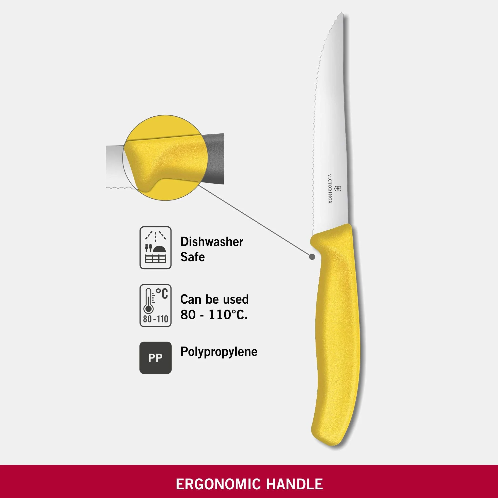 Victorinox, 6.7936.12L8B, Swiss Classic, Steak- und Pizzamesser, Extra scharfe Klinge, mit Wellenschliff, robuster Kunststoff-Griff, Gelb, Made in Switzerland, Spülmaschinengeeignet
