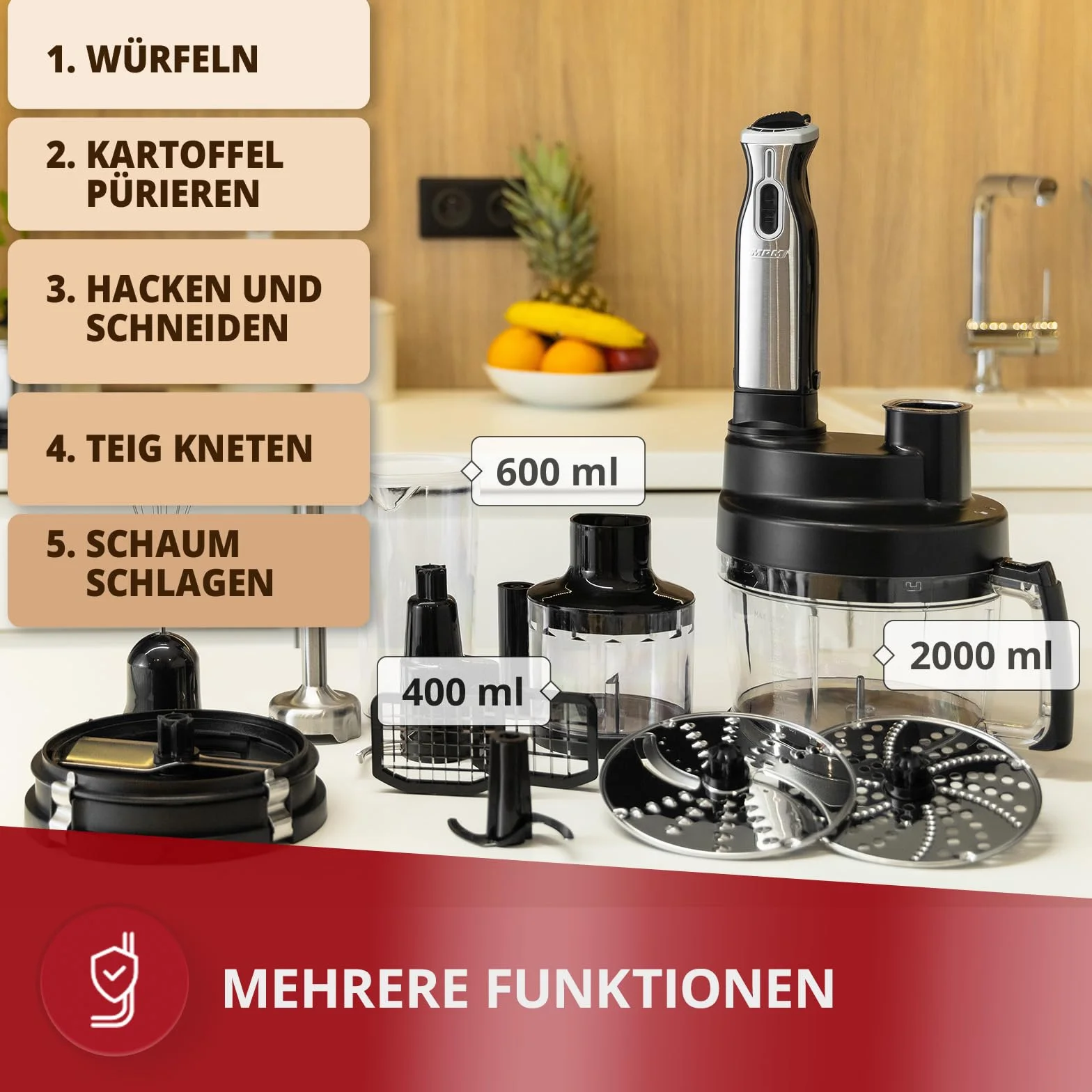 MPM MRK-17 Robot kuchenny, wielofunkcyjne, Akcesoria ze Stali Nierdzewnej Odpowiednie Zmywarce, Ubijanie, Siekanie, Rozdrabnianie, Krojenia Ziemniaków, Warzyw i Owoców, 800W