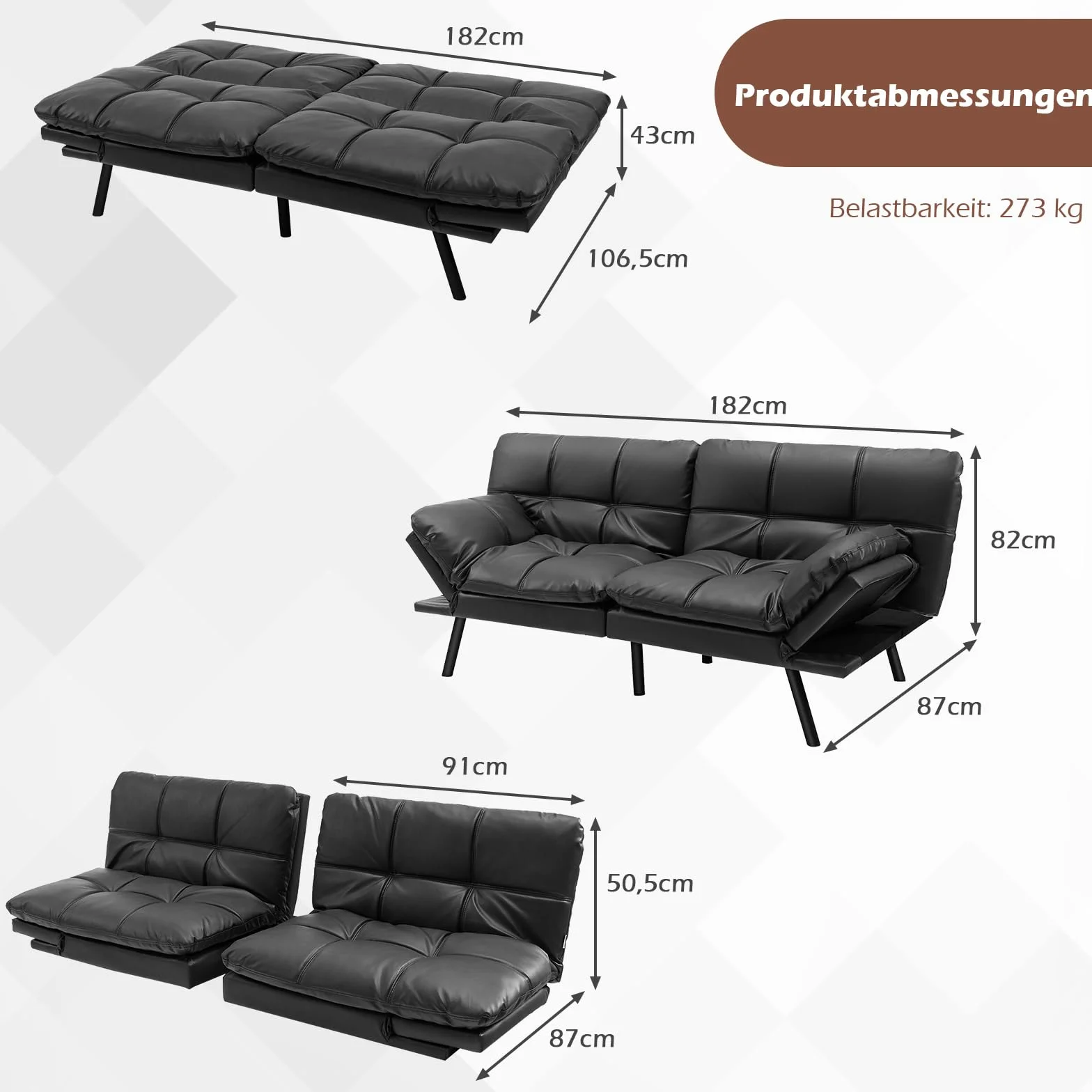 COSTWAY Rozkładana sofa do spania, sofa z funkcją spania, przekształcalna sofa do spania z regulowanym oparciem, sofa do spania z dużą powierzchnią leżącą 182 x 106,5 cm do salonu (czarny)