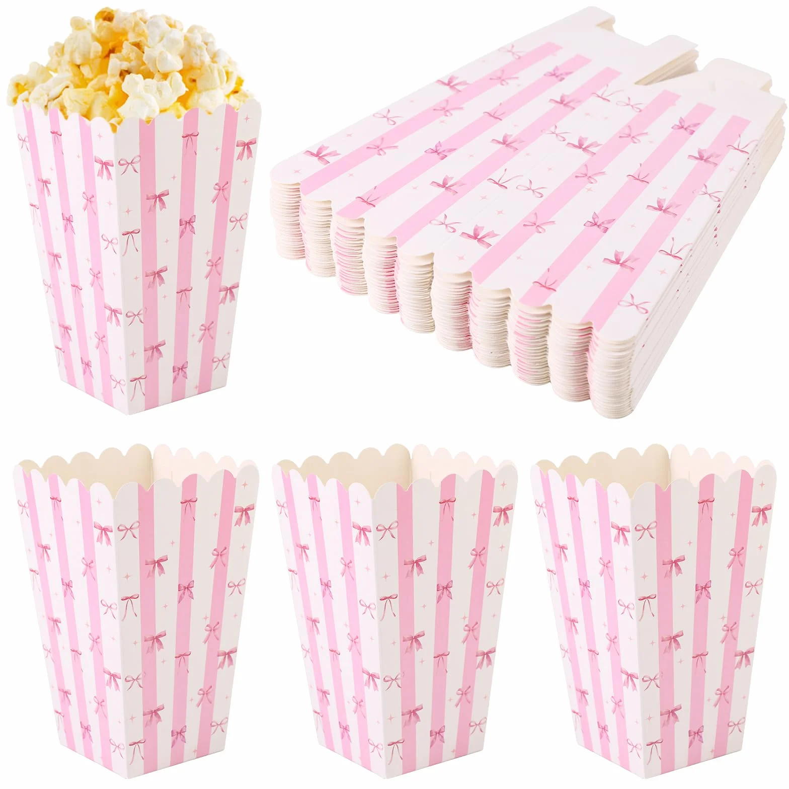 BOXOB 24 Sztuki Różowych Pudełek na Popcorn z Kokardą, Małe Pudełka Przekąski Ciasteczka Cukierki Pojemniki na Popcorn dla Chłopców i Dziewcząt Artykuły Przyjęcia Urodzinowe (Białe i Różowe)