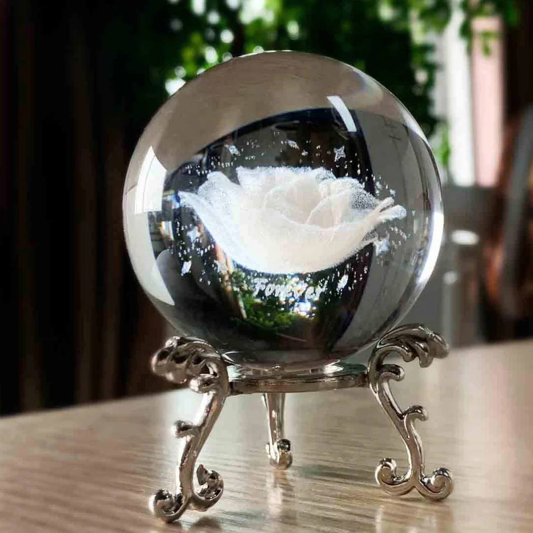 H&D HYALINE & DORA 60 mm 3D wewnętrzna rzeźba kwiat róży kryształowa kula ozdoba, szklana kula przycisk do papieru ze srebrnym stojakiem Fengshui wystrój domu, prezent dla mamy ślub kobiety