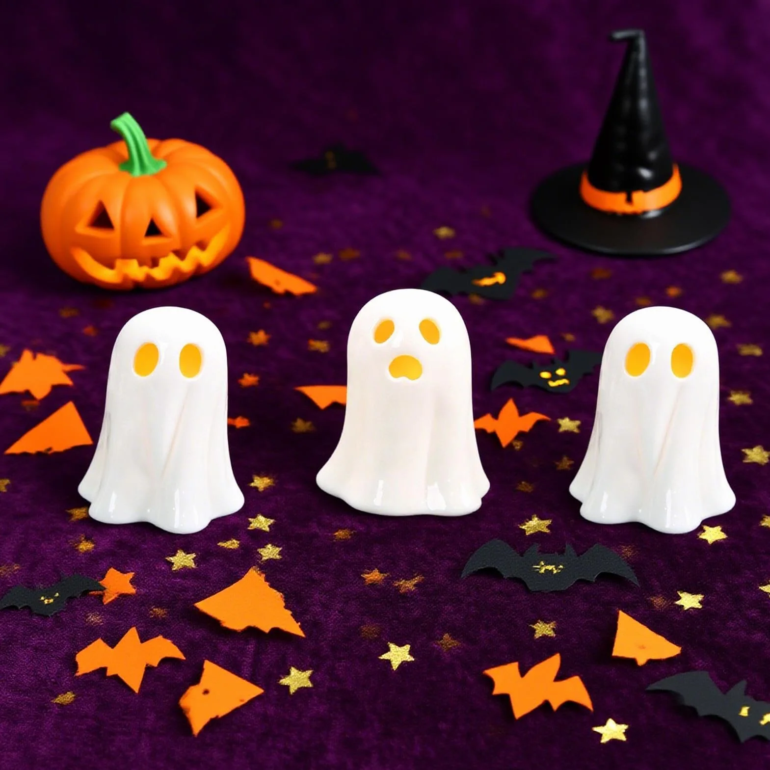 Ghost Figurine, Halloween Sculpture Ghost LED Lighting, 3 Pieces Cute Miniature Collectible Ornaments, for Haunted House Mantel Shelf Windowsill Fireplace 3.54x4.13 inches