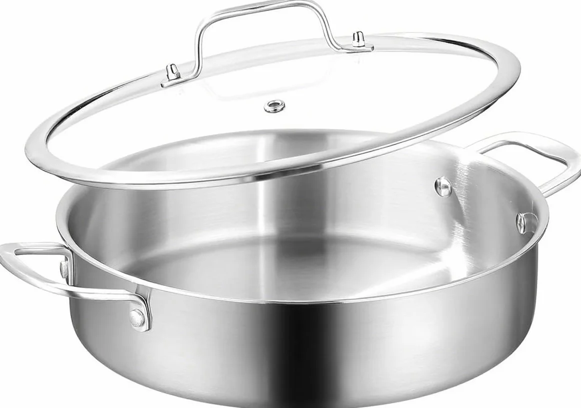 Patelnia 30 cm, wysoka krawędź 8 cm: duża patelnia do duszenia 5,6 litra, do dużych kuchenek ≥ 2300 W, indukcja, garnek do duszenia z pokrywką, trójwarstwowa patelnia ze stali nierdzewnej