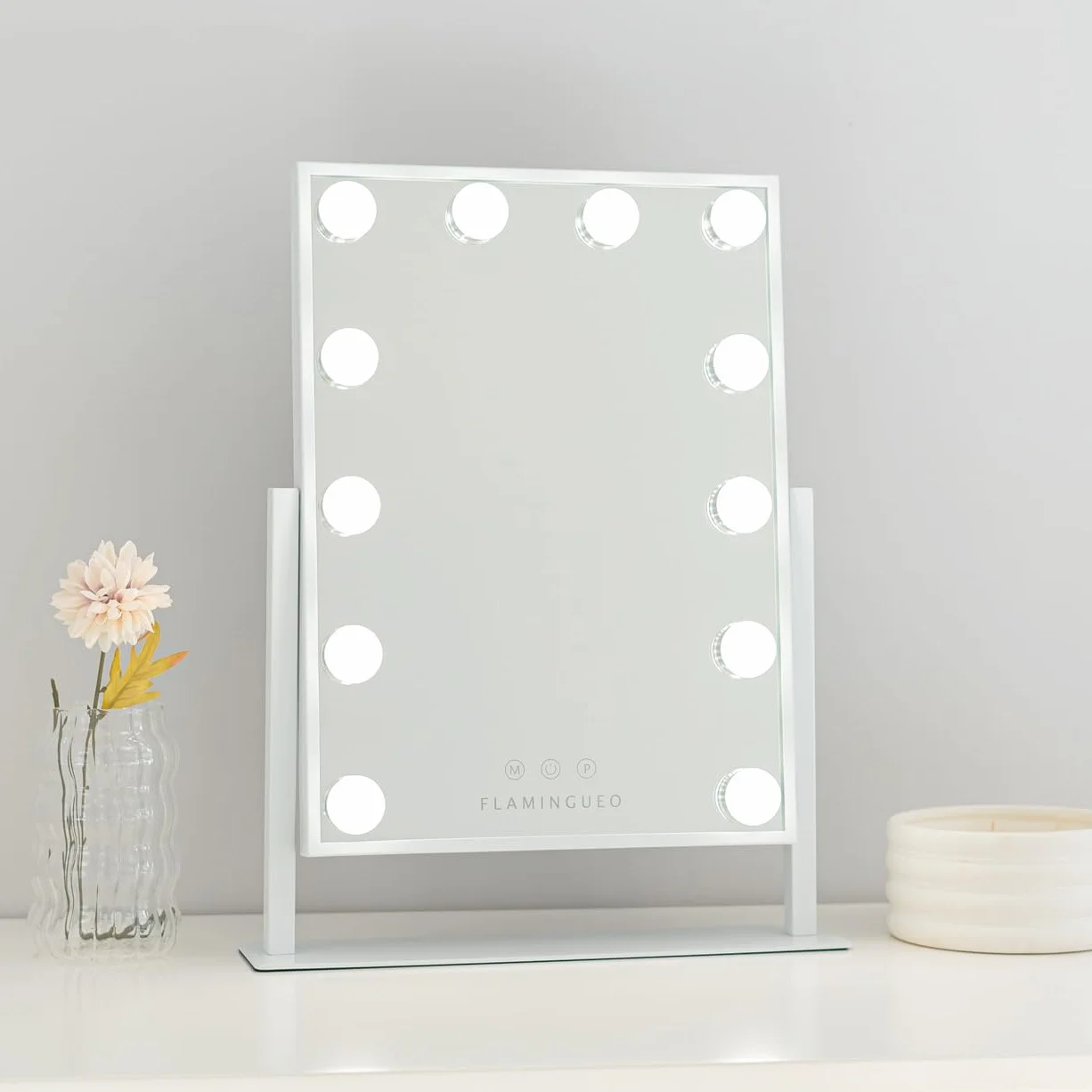 Flamingueo Hollywood Lusterko do Makijażu z Oświetleniem - 12 LED - 3 Tryby - Regulowana Intensywność - Sterowanie Dotykowe - Regulowana Pozycja - Biały - 36,5x7,5x47,5cm