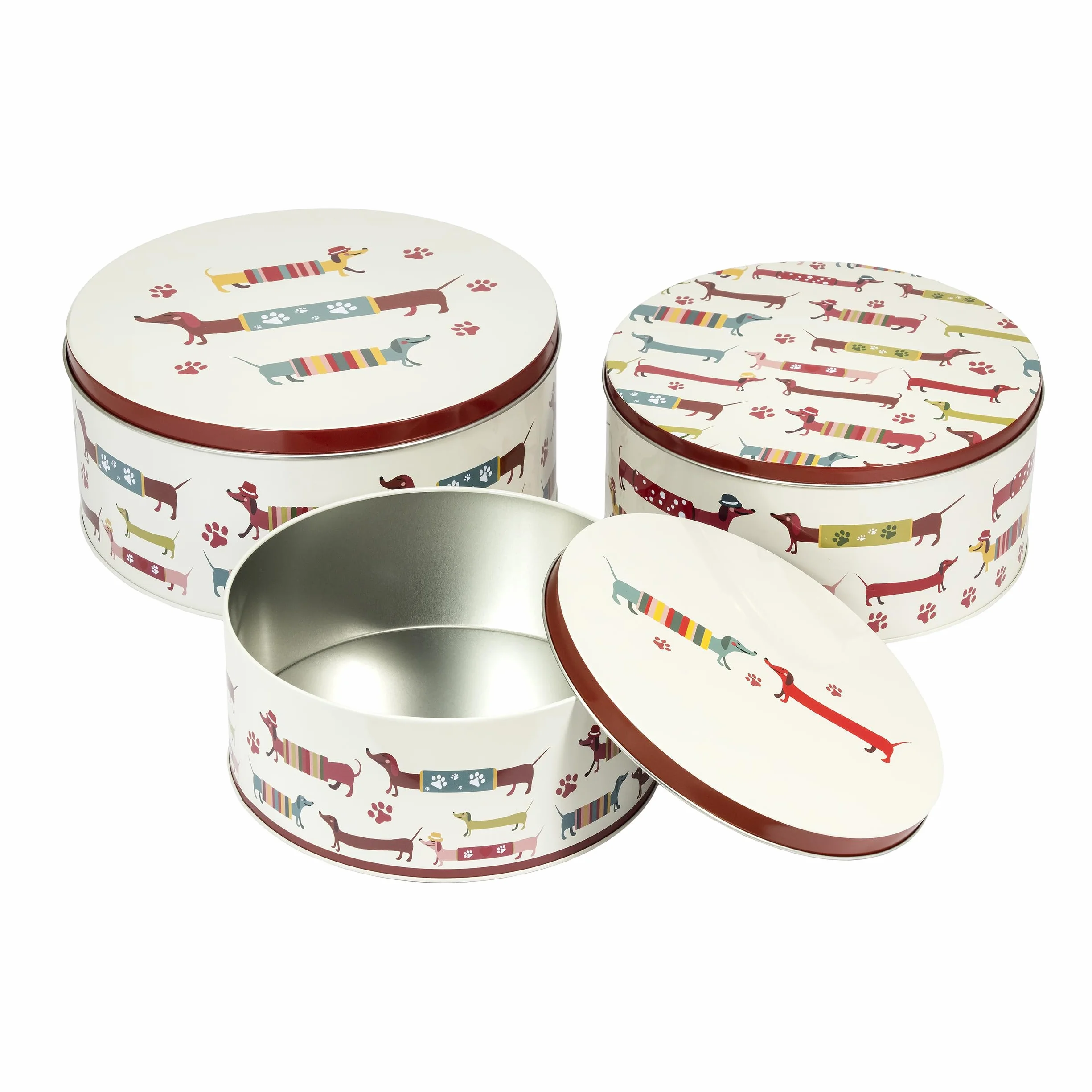 SPOTTED DOG GIFT COMPANY Zestaw 3 puszek do przechowywania ciast, okrągłe zagnieżdżające się puszki na ciasta do przechowywania ciast i ciasteczek, sztaplowalne hermetyczne pojemniki na ciastka