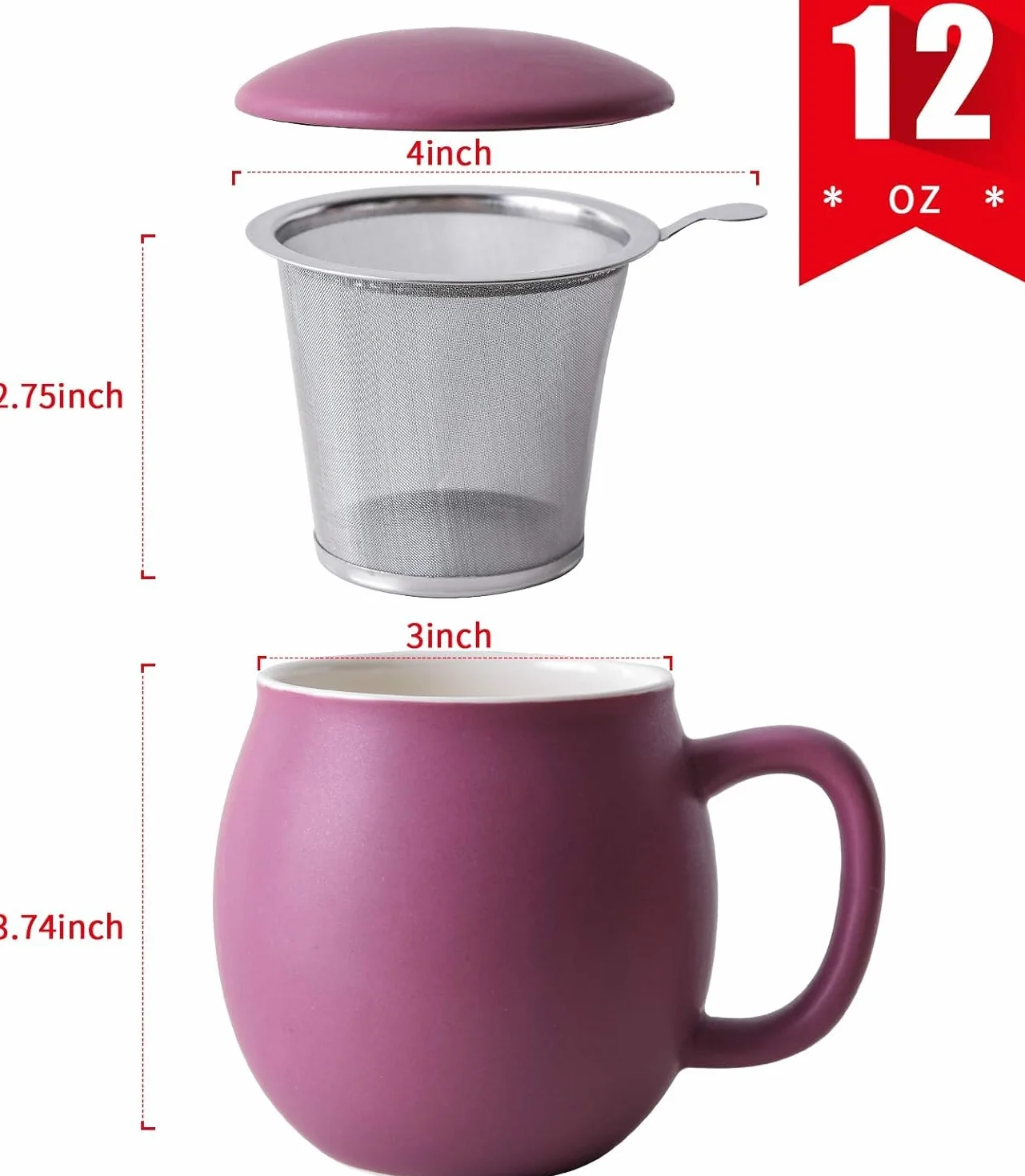 Yundu Porcelanowa filiżanka do herbaty 355 ml z zaparzaczem i pokrywką, kubek z pokrywką do stromenia, matowy fioletowy