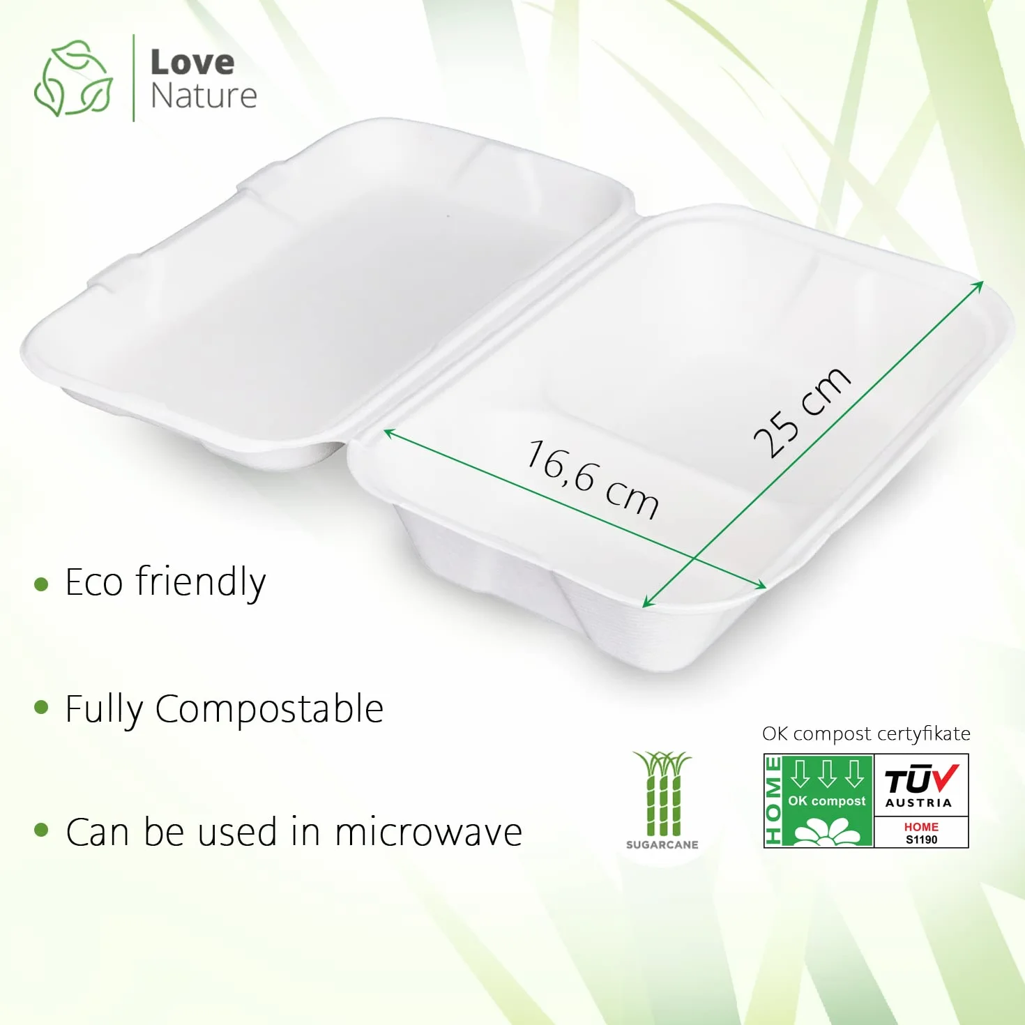 Love Nature Ekologiczne Menu Box 2 dzielone z Trzciny Cukrowej - Lunch Box jednorazowe Biodegradowalne