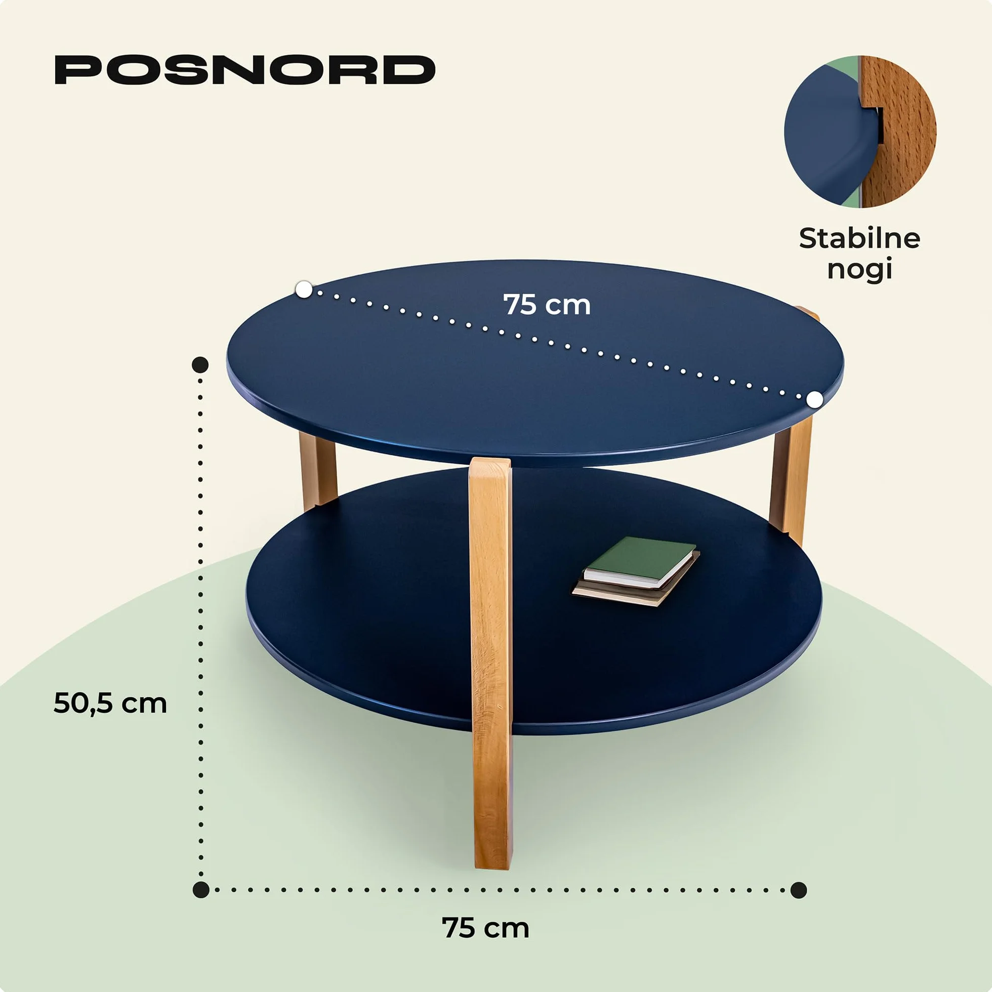 Okrągły Stolik Kawowy Niebieski, Blaty MDF, Na Bukowych Nogach, Ponadczasowy Design Do Salonu