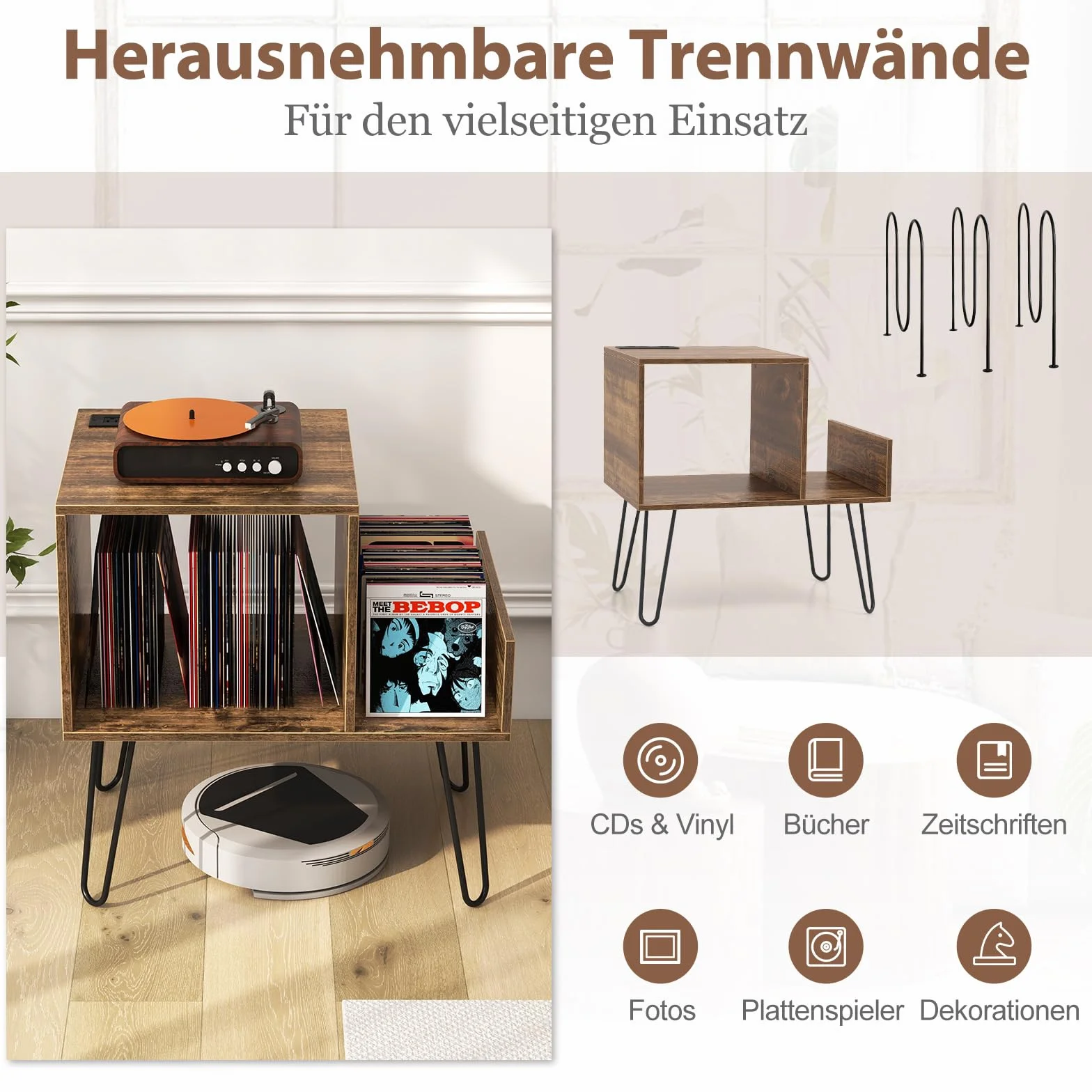 COSTWAY Stolik nocny ze stacją ładującą, stojakiem na gramofon ze ściankami działowymi, regałem bocznym i gniazdkiem, uchwytami na płyty gramofonowe do 145 albumów