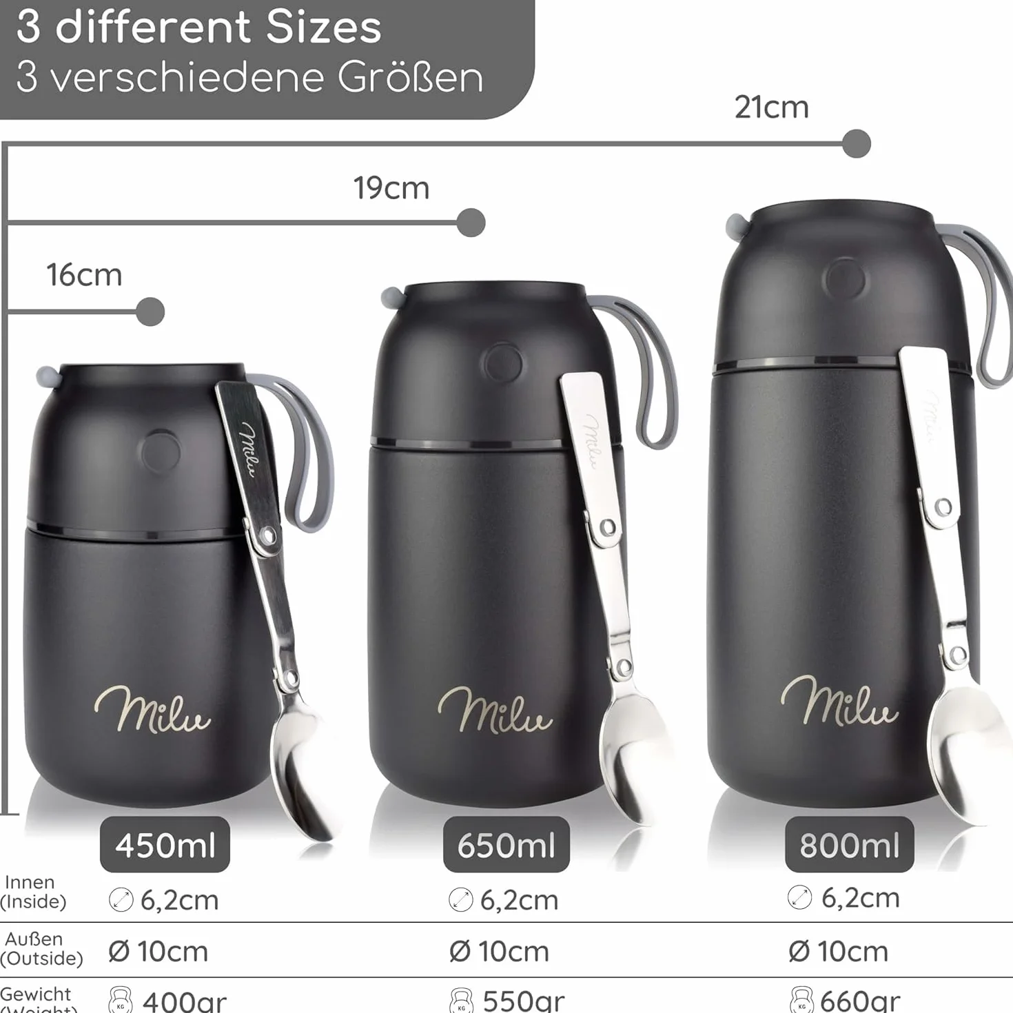 Milu® termos obiadowy 450, 650 ml, ze stali nierdzewnej, na żywność dla niemowląt, utrzymujący ciepło jedzenia, na musli, na wynos, jagodowy, 650 ml, możliwość personalizacji