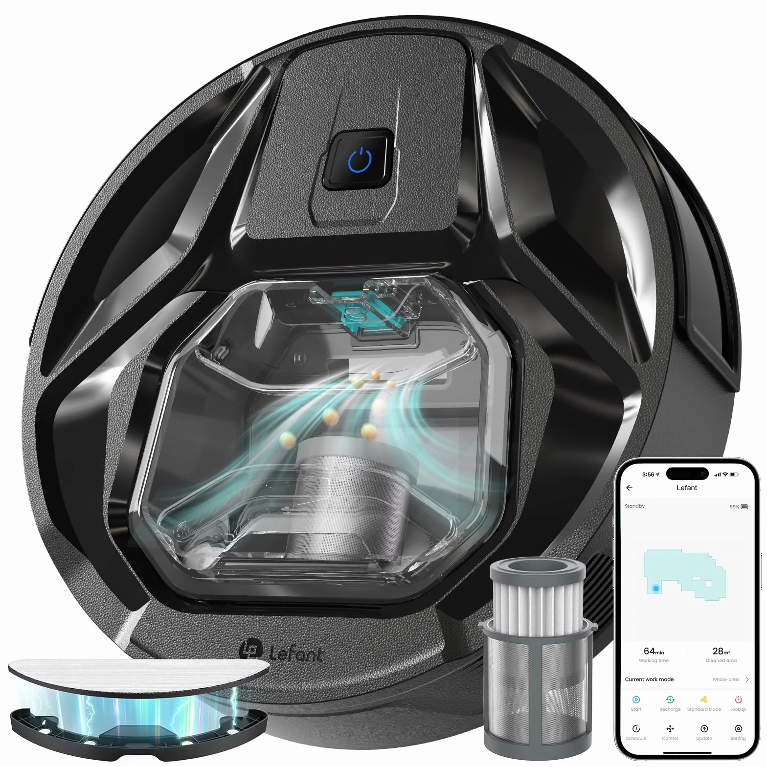 LEFANT M320 robot odkurzający z funkcją wycierania 3 w 1, 6000 Pa robot odkurzający z precyzyjną nawigacją odległości, widoczny pojemnik na kurz 800 ml, 210 min, Wi-Fi/aplikacja, idealny do sierści