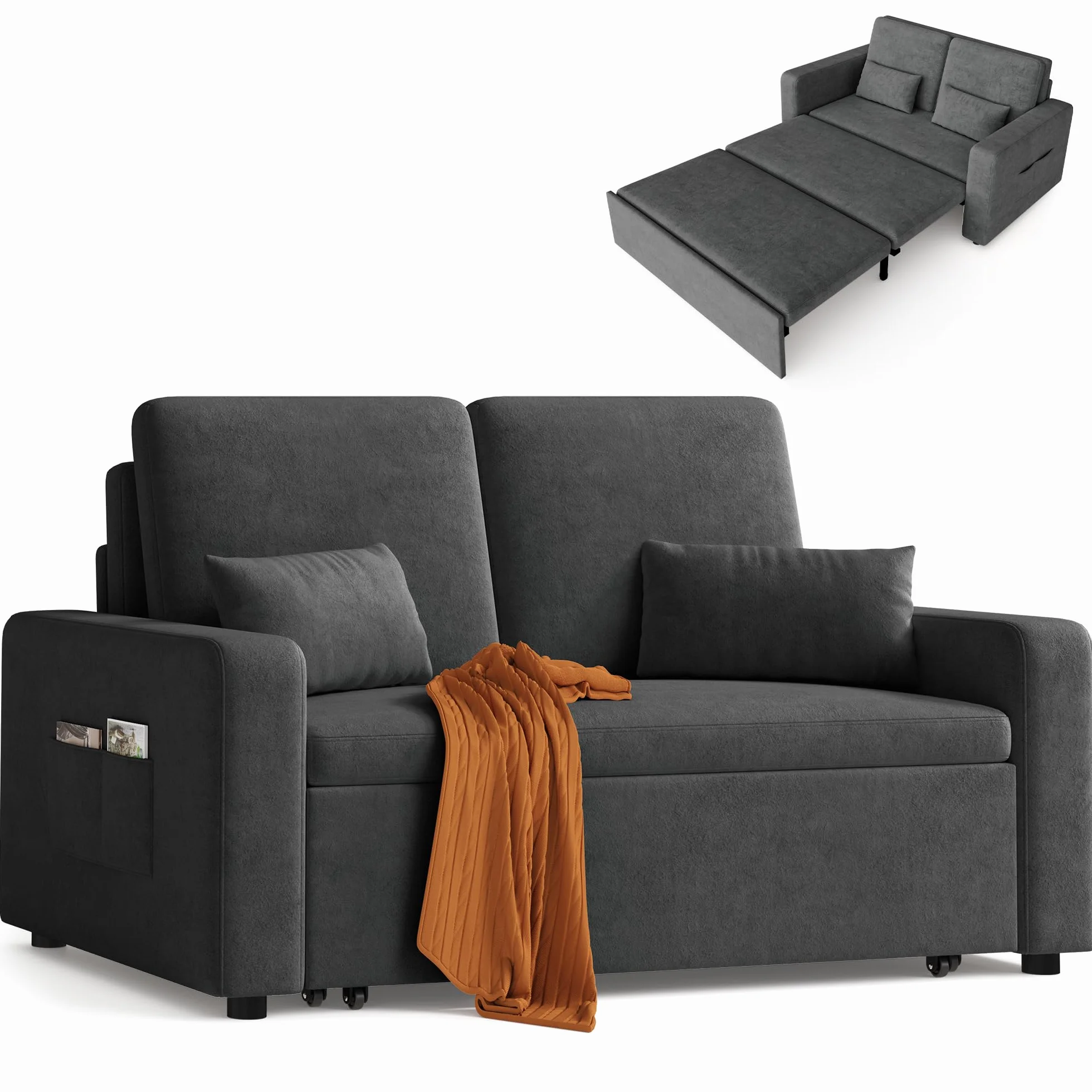 Xbro Sofa z funkcją spania 147 x 196 x 87 cm, sofa z funkcją spania 2-osobowa, wysuwana na 4 kółkach, nowoczesny welurowy materiał, Ciemnoszara