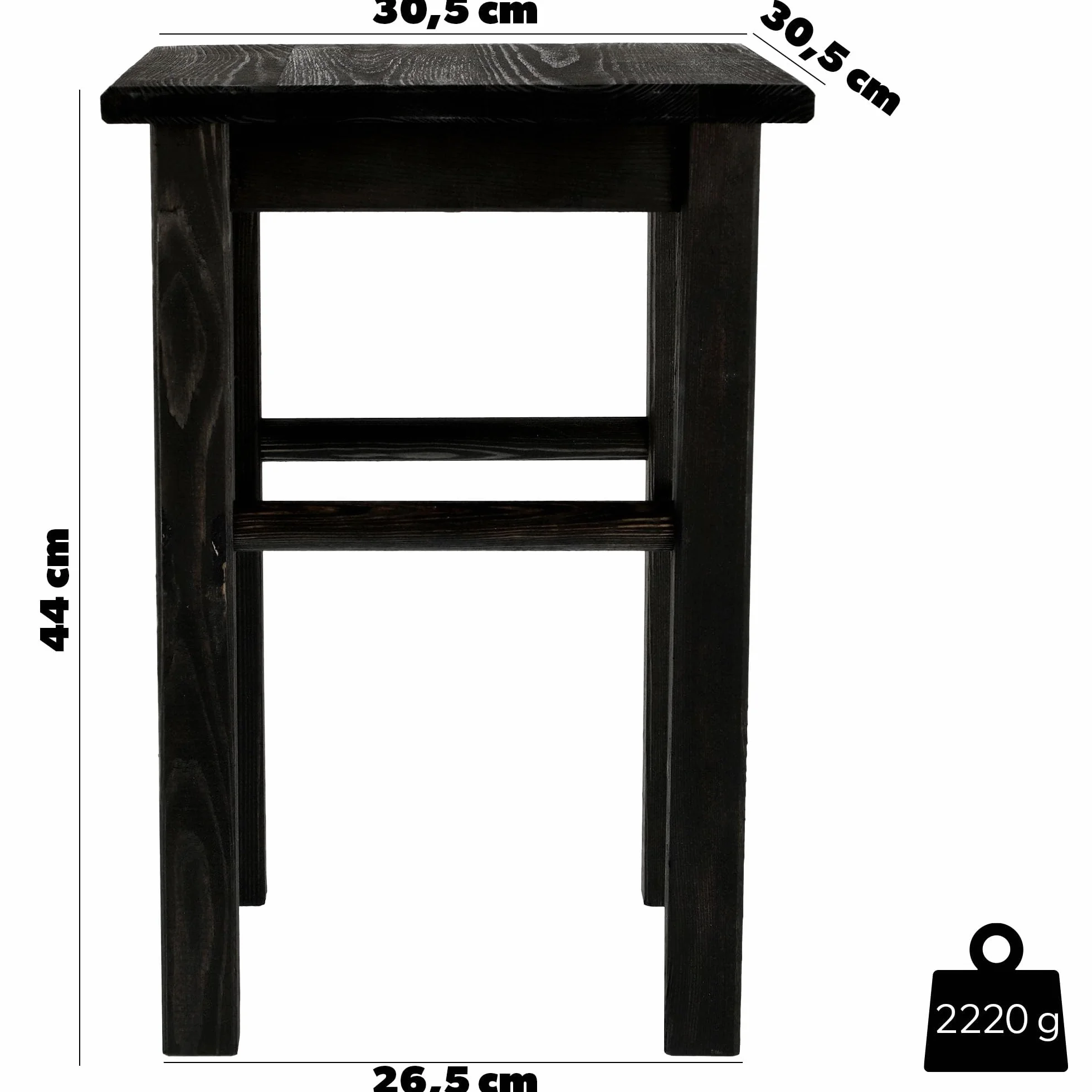 KADAX Taboret drewniany z naturalnego drewna sosnowego, solidny stołek do siedzenia i jako podnóżek lub pomocniczy schodek w domu, kuchni i warsztacie, kwadratowy, kolor czarny