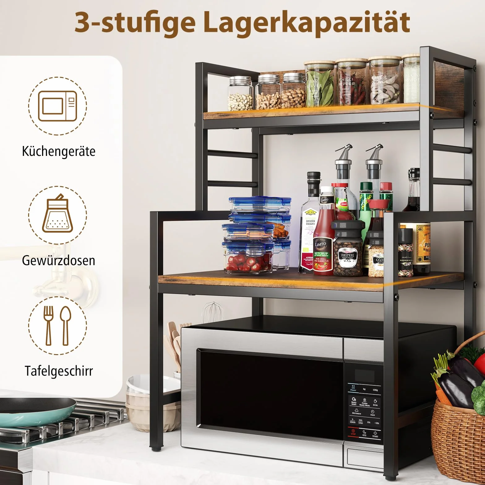 COSTWAY 3-stopniowy regał do kuchenki mikrofalowej, stojak na kuchenkę mikrofalową z 2 otwartymi półkami i metalową ramą, regał kuchenny, stojący regał kuchenny, uchwyt do kuchenki mikrofalowej