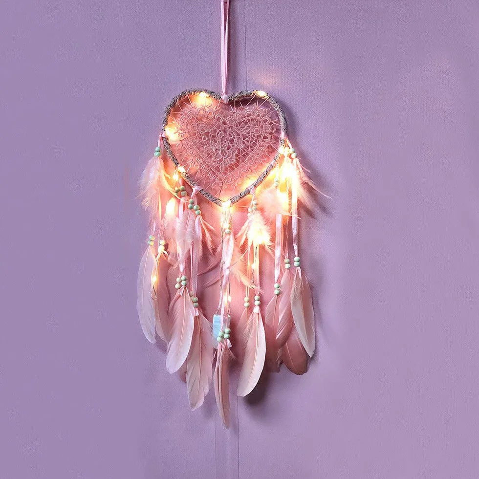 łapacz snów w stylu boho, w kształcie serca, ręcznie wykonany, lampa LED, ozdoba na ścianę, romantyczna dekoracja (kolor różowy, ze światłami)