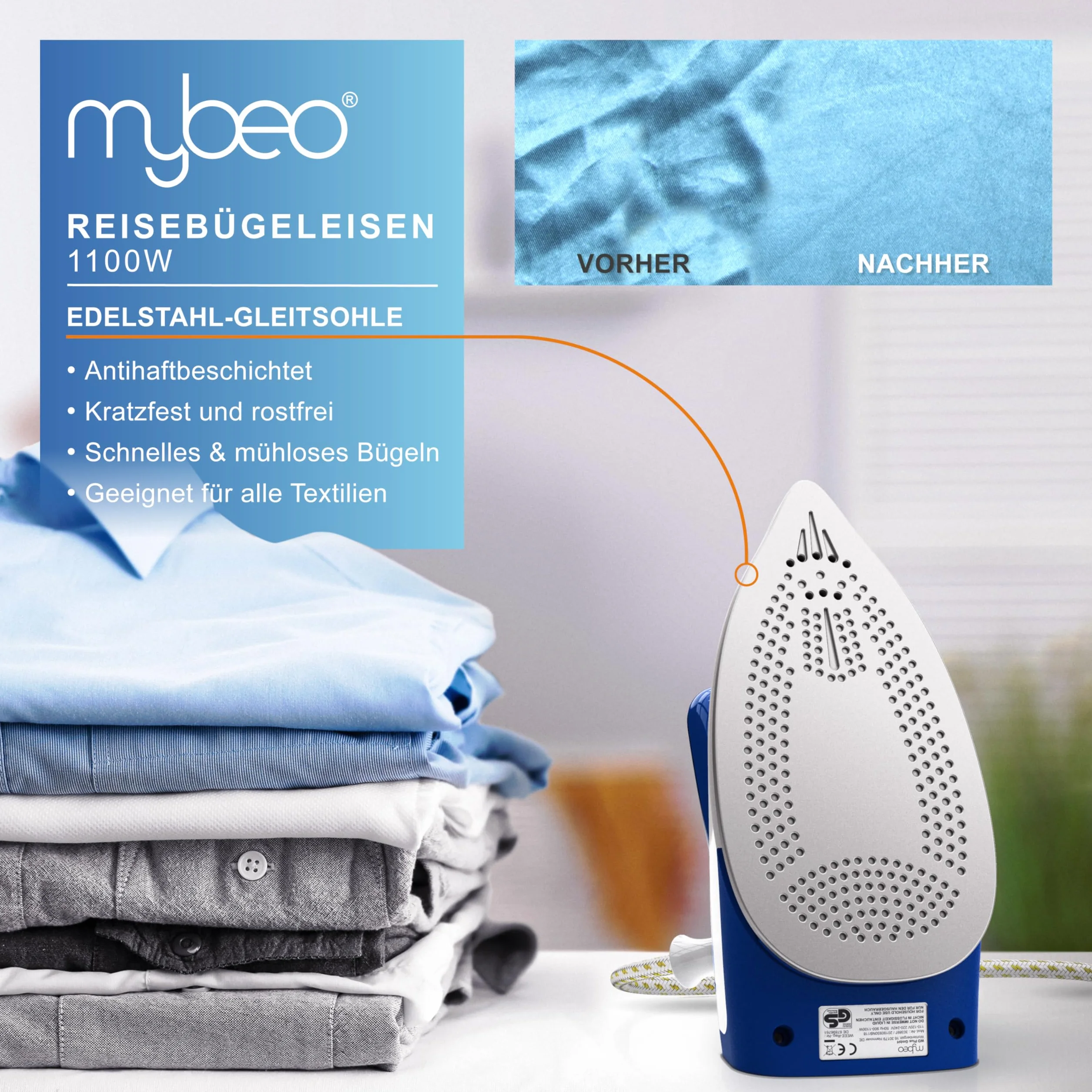 MyBeo – żelazko turystyczne 1100 W – żelazko parowe – Dual-Voltage 110/230 V – mini żelazko z nieprzywierającą stopą żelazka – 3-stopniowa regulacja, składane żelazko podróżne, małe i lekkie