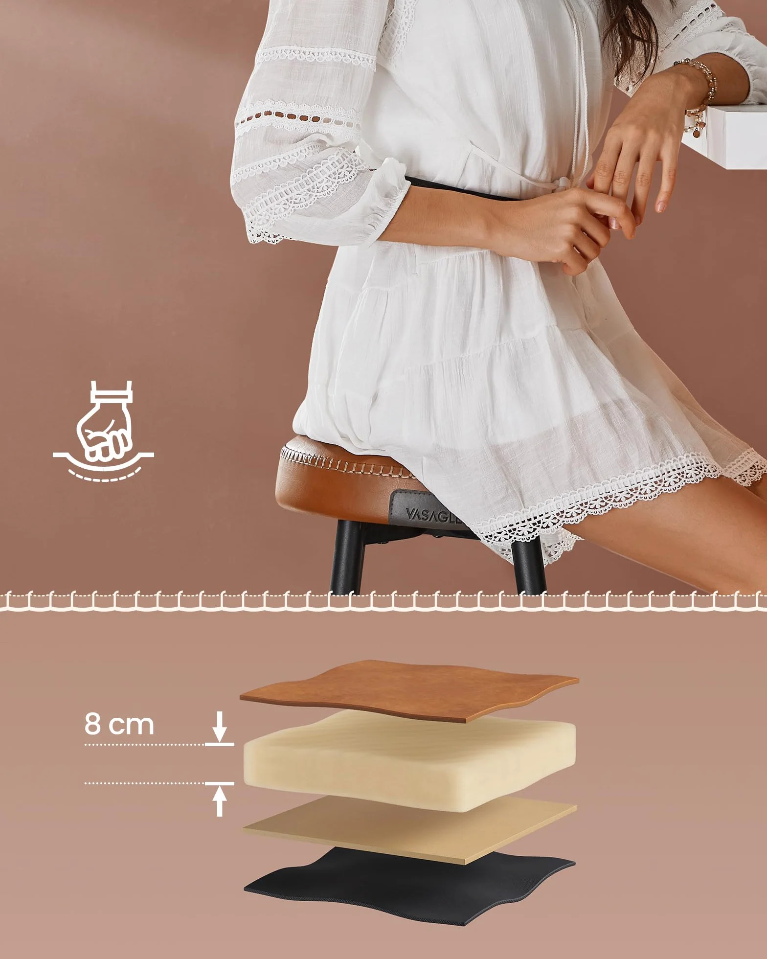 VASAGLE EKHO Kolekcja - stołek barowy, zestaw 2 szt., wysokie, PU z przeszyciami, styl nowoczesny z połowy stulecia, wysokość siedziska 63 cm, kuchnia, bar, łatwy montaż, karmelowy brąz LBC080K01