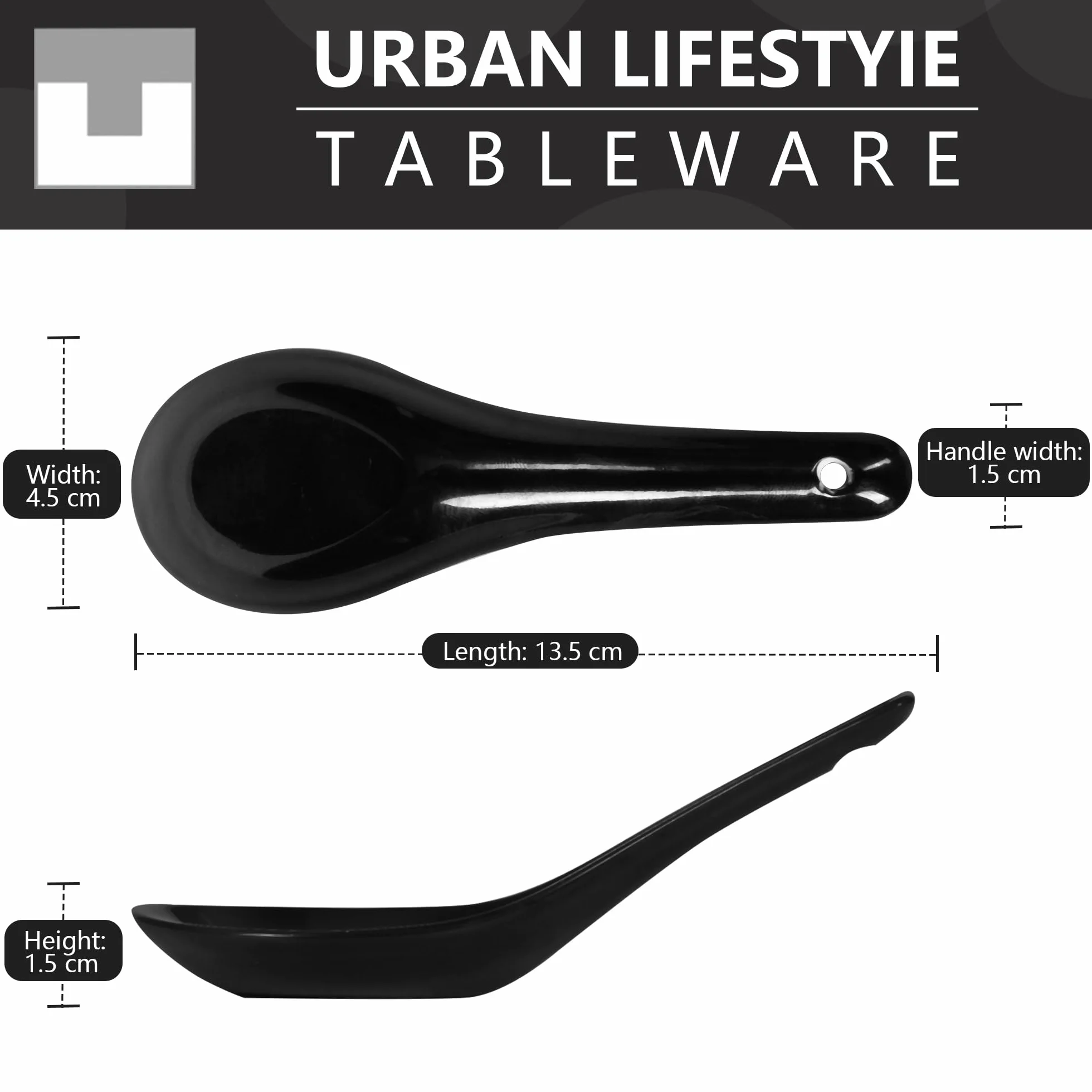 Urban Lifestyle 6 x porcelanowa łyżka czarna – azjatyckie łyżki do zupy, ryżu, degustacji, przekąsek i przekąsek