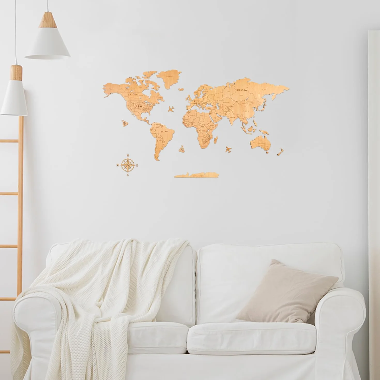 Creawoo Drewniana mapa świata, sztuka ścienna, mapa ścienna z naturalnego drewna do salonu, sypialni, dekoracja biura, dla pary, na święto wprowadzeniowe (100x57 cm / 39x22 cali)