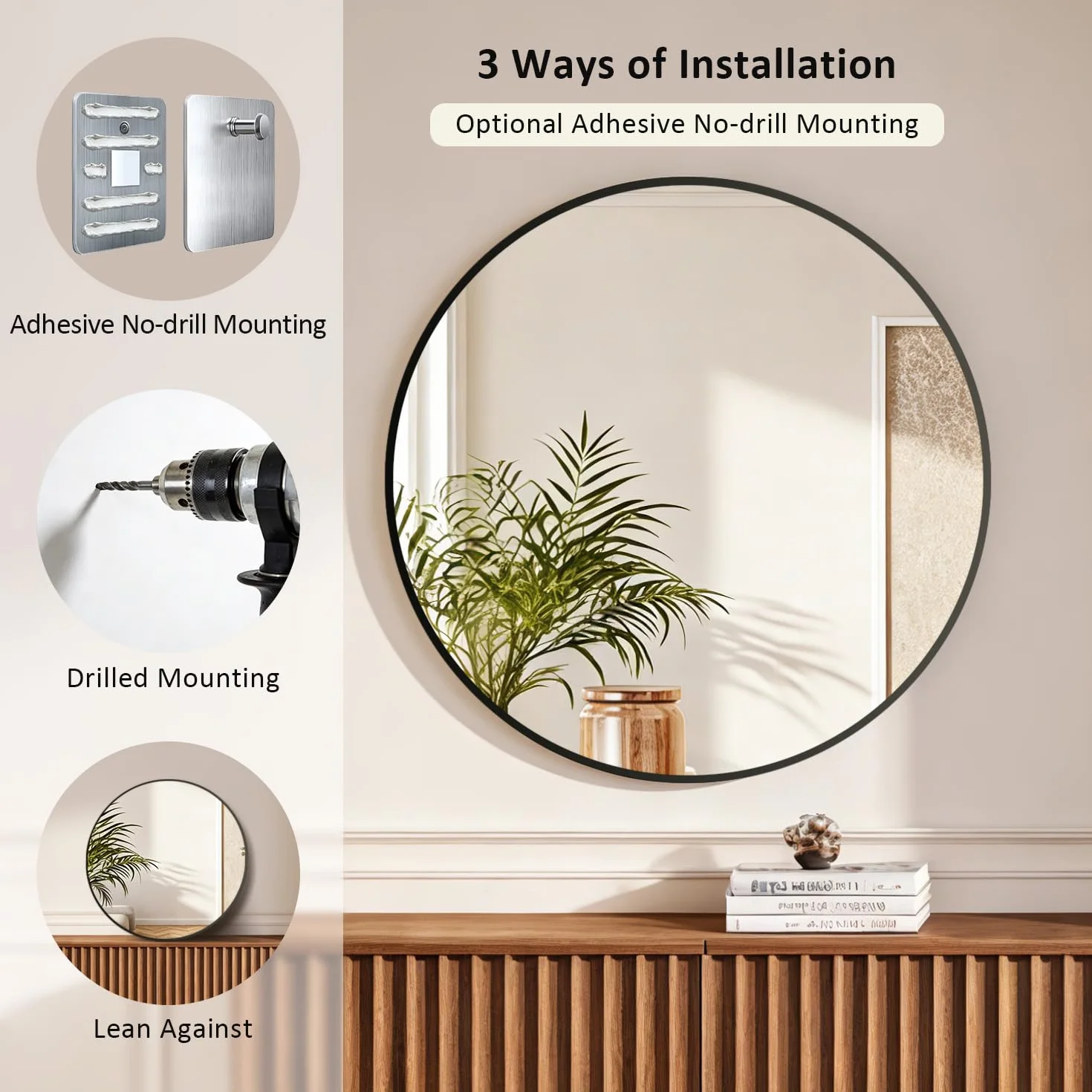 Lustro okrągłe, czarne, 60 cm, HD, lustro ścienne, nowoczesne lustro łazienkowe z aluminiową ramą, wiszące lub klejone, dekoracyjne okrągłe lustro do łazienki, korytarza, salonu, sypialni