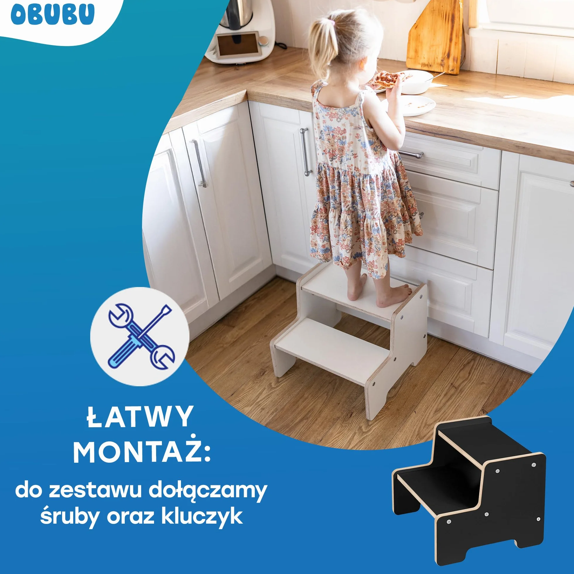 Montessori taboret do schodków dla dzieci, idealny do pokoju dziecięcego, łazienki, do kuchni, do 60 kg, 2 stopnie, kolor biały