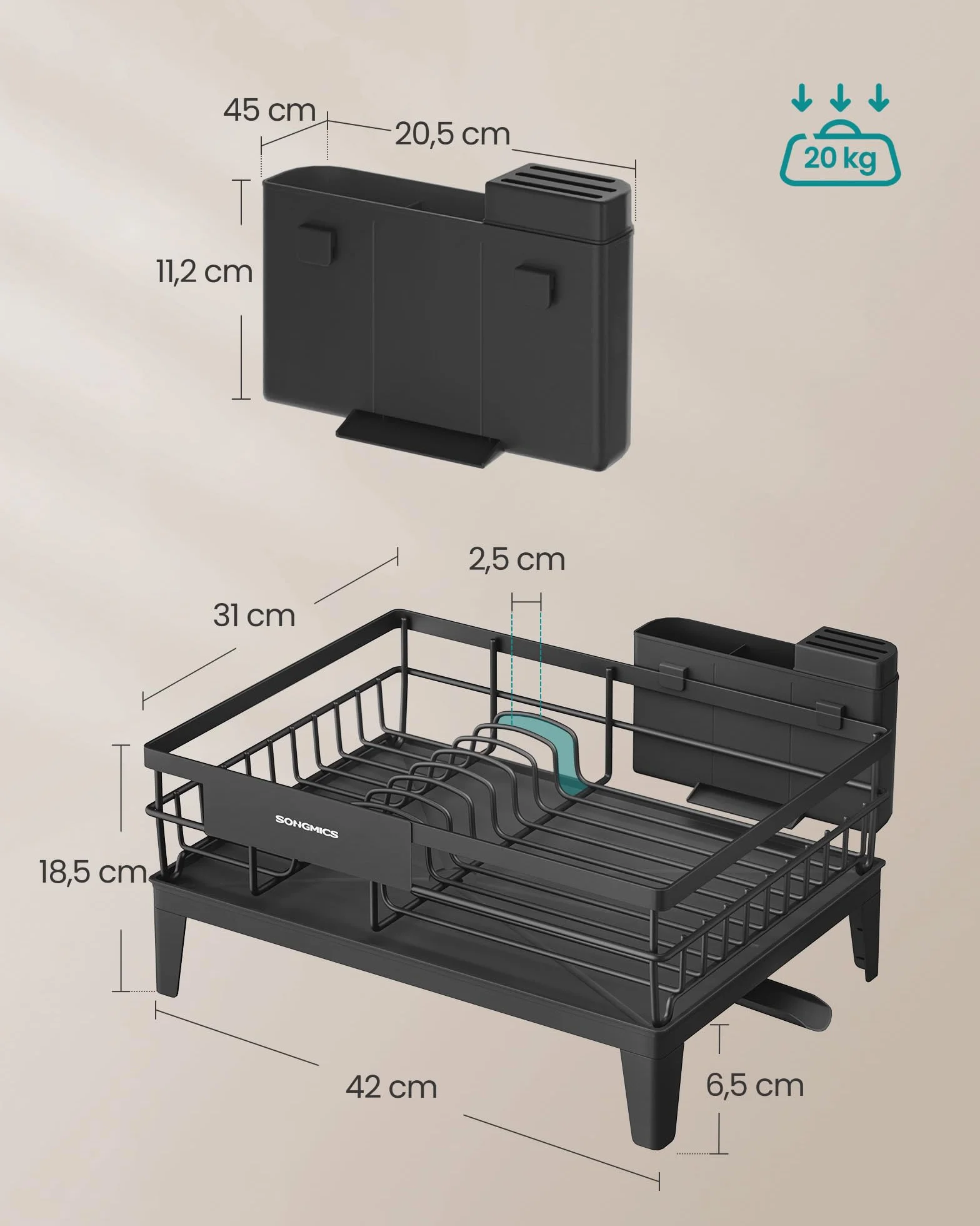 SONGMICS Ociekacz do naczyń, suszarka, obrotowy i wysuwany o 360°, tacka ociekowa, uchwyt na sztućce, kuchenny, 31 x 42 x 18,5 cm, atrament czarny KCS550B01