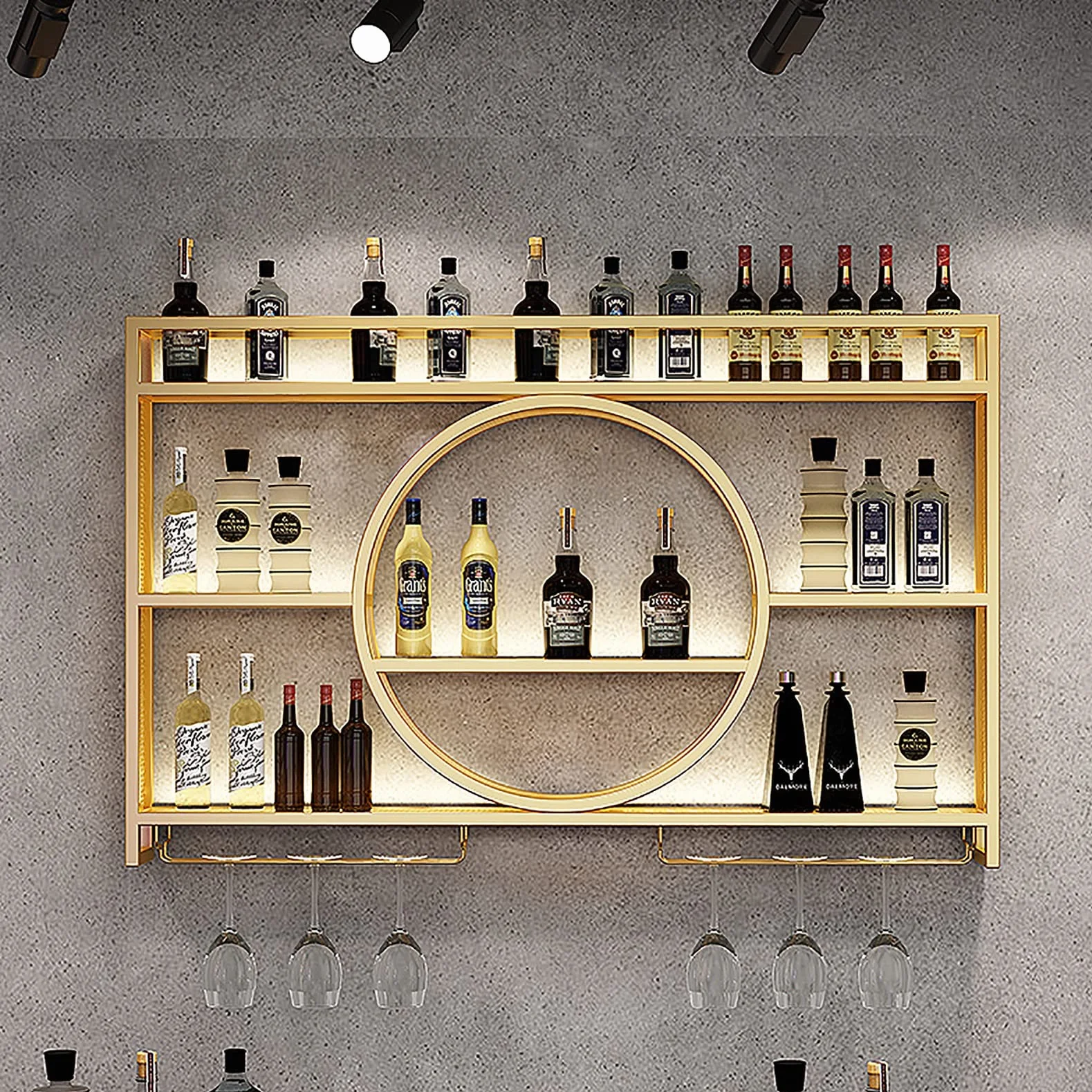Naścienny stojak na wino z półkami — nowoczesny metalowy barek Pływające półki i szklany stojak Żelazny stojak Uchwyt na wino do domowych barów restauracyjnych