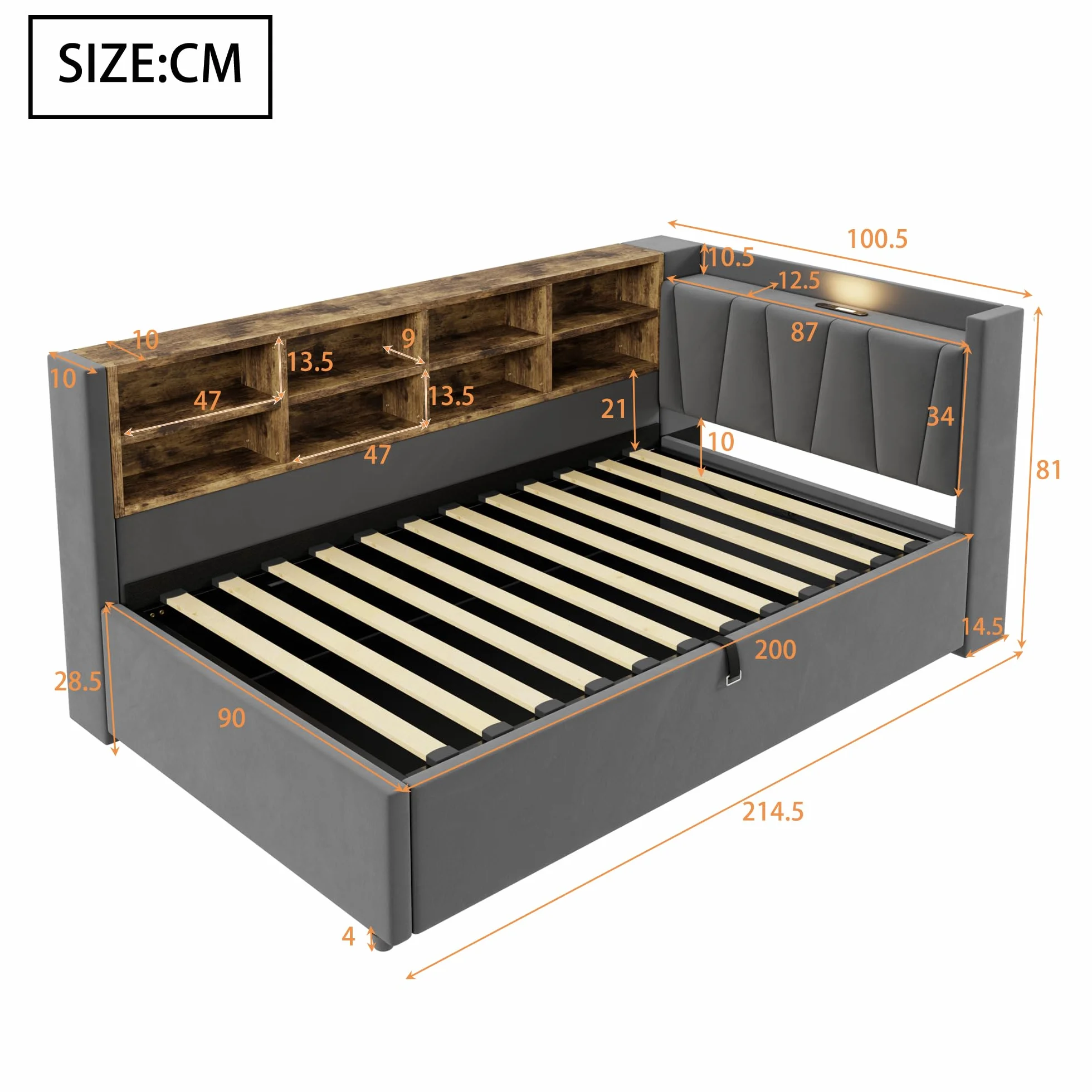 Dolamaní Nowoczesne łóżko pojedyncze 90 x 200 cm, aksamitny materiał, łóżko tapicerowane z hydraulicznym schowkiem, podwójne ściany boczne ze schowkami i diodami LED i USB, łóżko funkcyjne do pokoju
