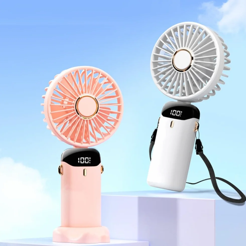Przenośny wentylator ręczny, osobisty wentylator ładowany przez USB, 4800 mAh, składany mini wentylator biurkowy 90°, z cyfrowym wyświetlaczem LED, 5 prędkości, wielofunkcyjny wentylator do