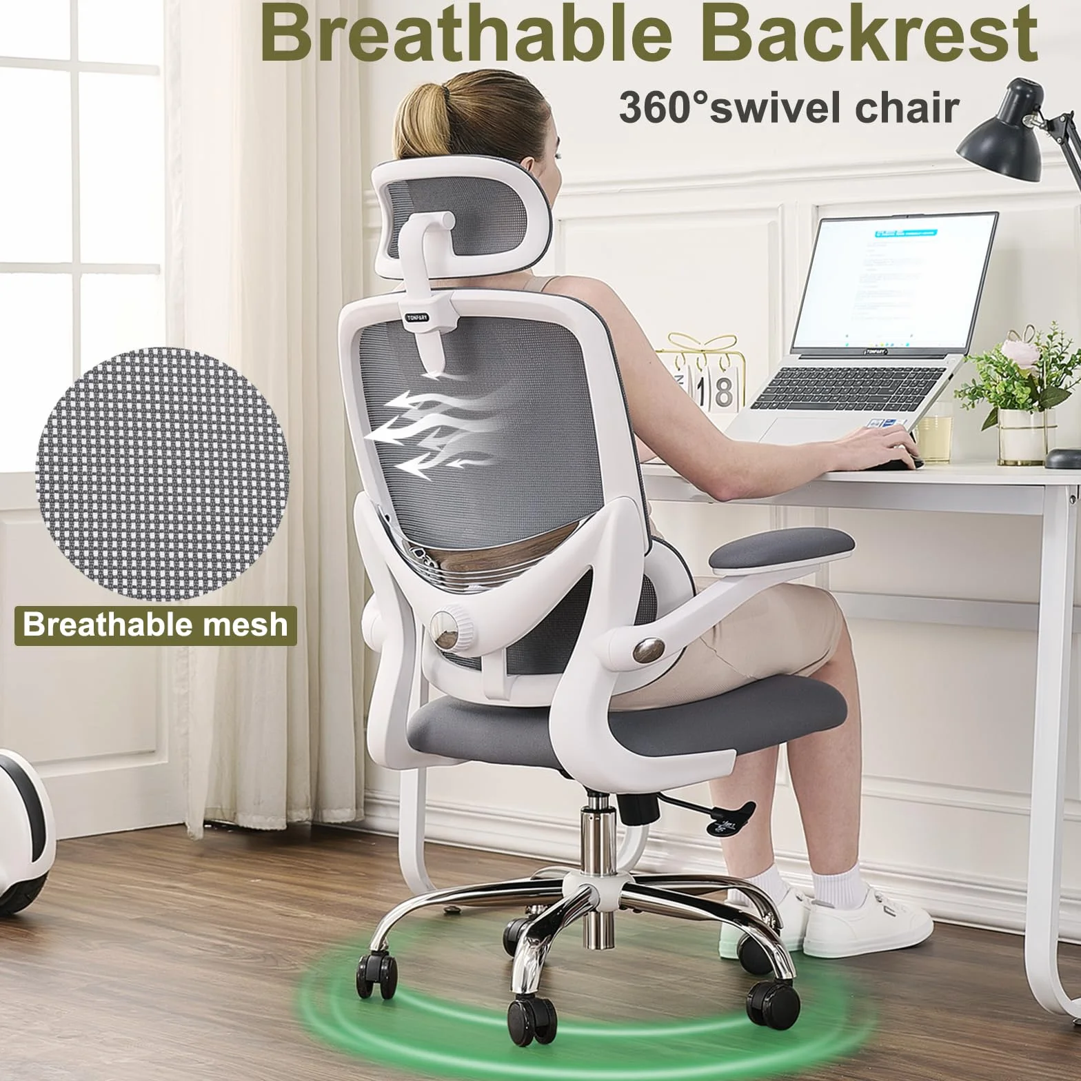 Ergonomiczny fotel biurowy z siatkowym oparciem, regulowanym wsparciem lędźwiowym, 150 kg Biały Szary