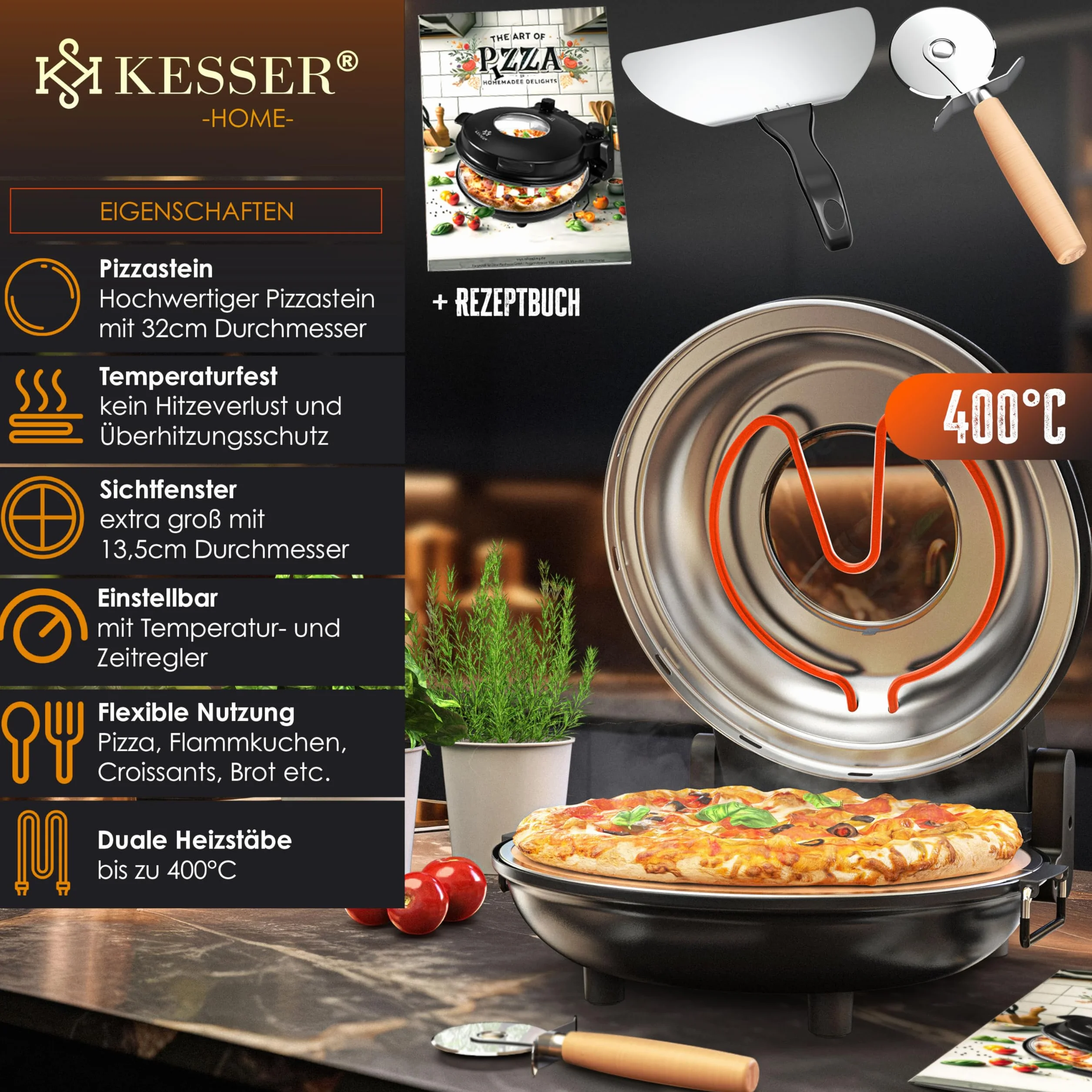 KESSER Elektryczny piec do pizzy 1200W 32cm 5 poziomów grzania z płytą kamienną